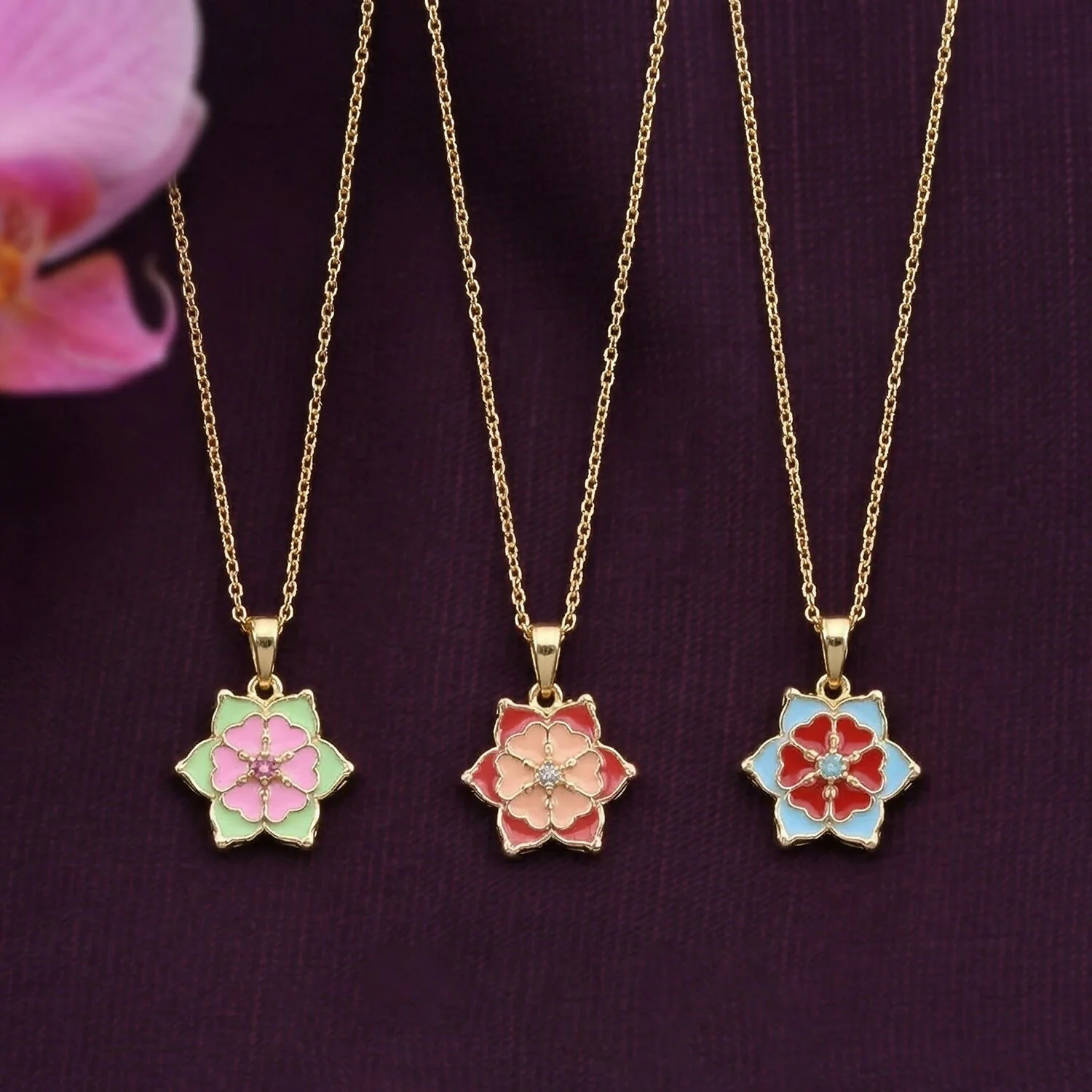 Elegant Floral Gold Pendant Necklaces with Colorful Enamel Design Combo set - Image 3