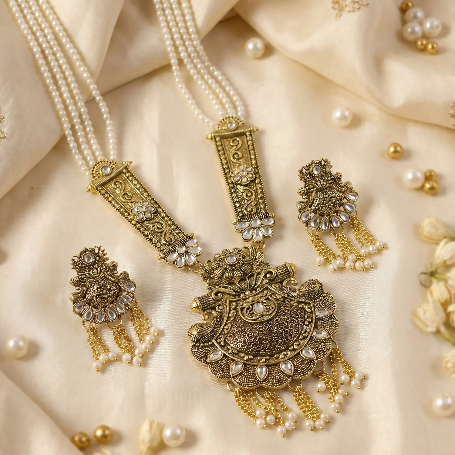 Elegant Gold and Pearl Necklace Set with Intricate Detailing and Matching Earrings for Celebrations - Image 2