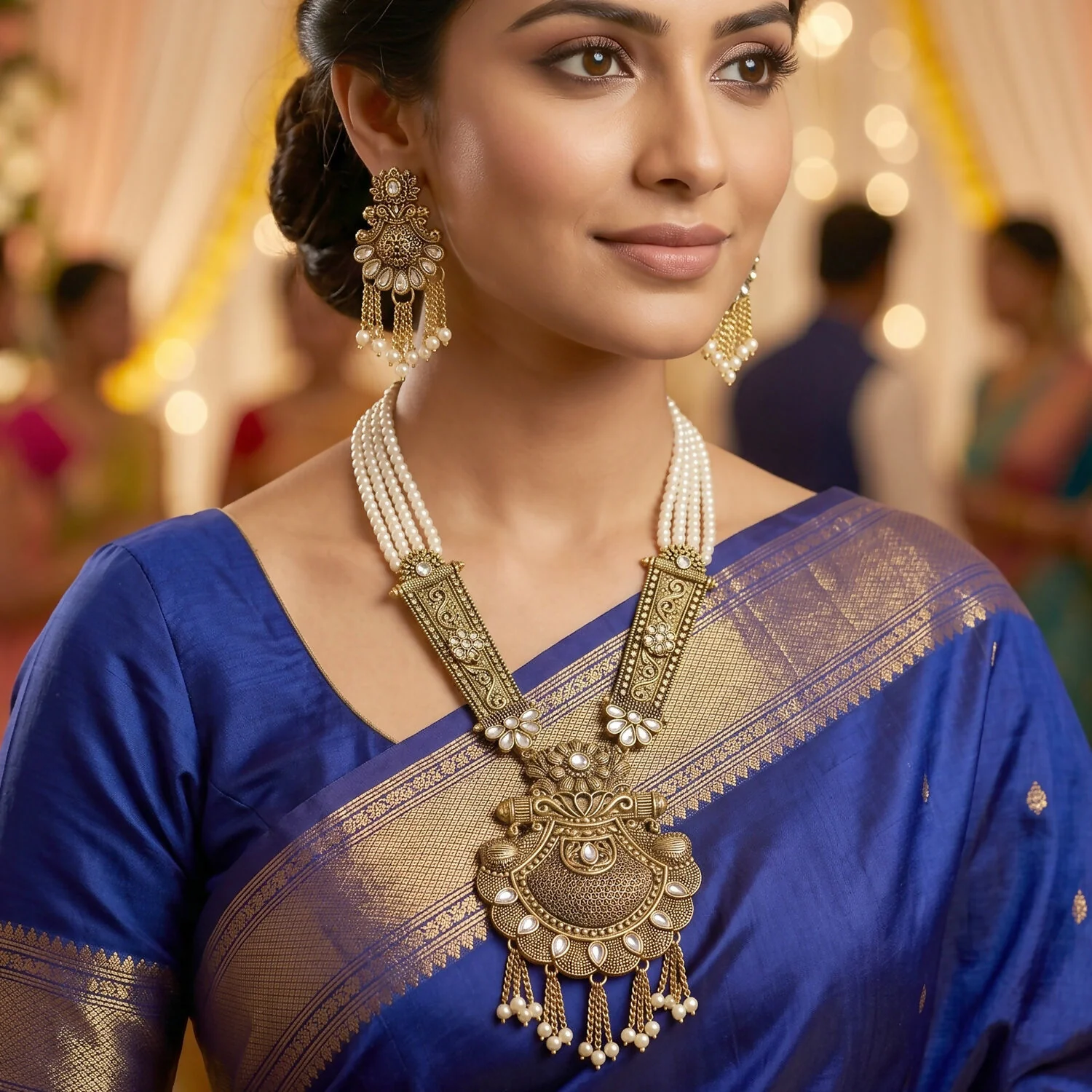 Elegant Gold and Pearl Necklace Set with Intricate Detailing and Matching Earrings for Celebrations - Image 3