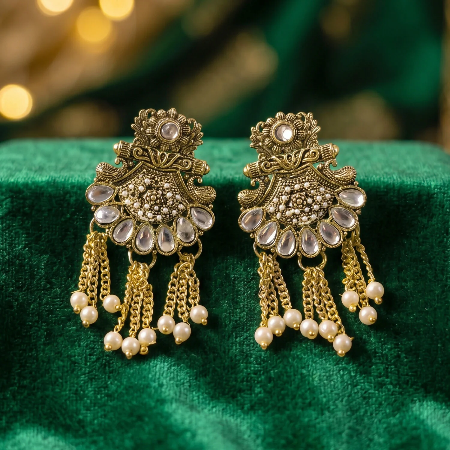 Elegant Gold and Pearl Necklace Set with Intricate Detailing and Matching Earrings for Celebrations - Image 4