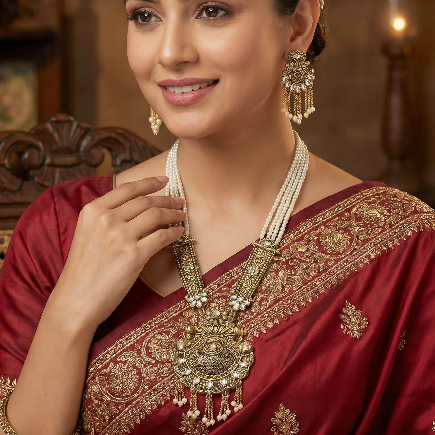 Elegant Gold and Pearl Necklace Set with Intricate Detailing and Matching Earrings for Celebrations - Image 5
