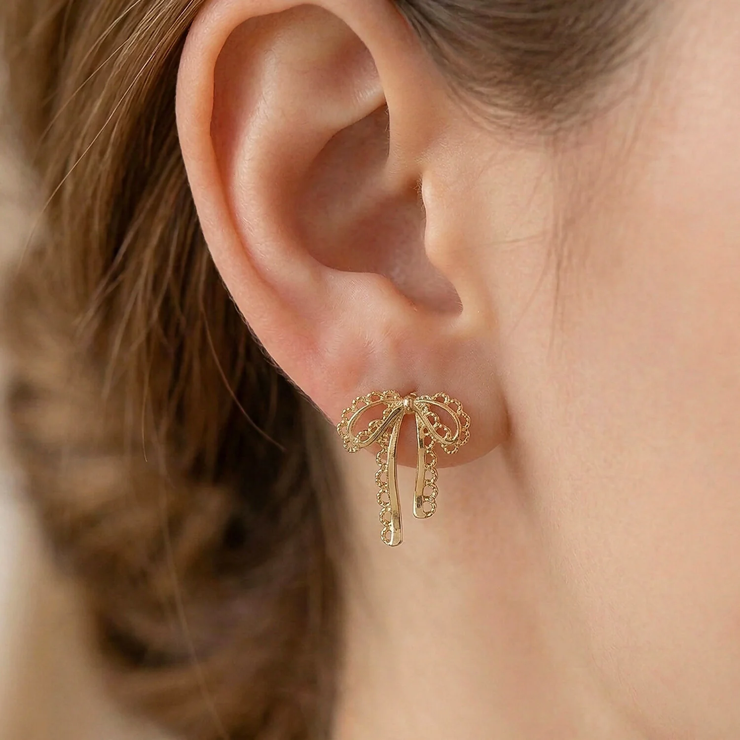 Elegant Gold Bow Drop Earrings for Women | Korean Style Designer Ribbon Earrings - Image 3