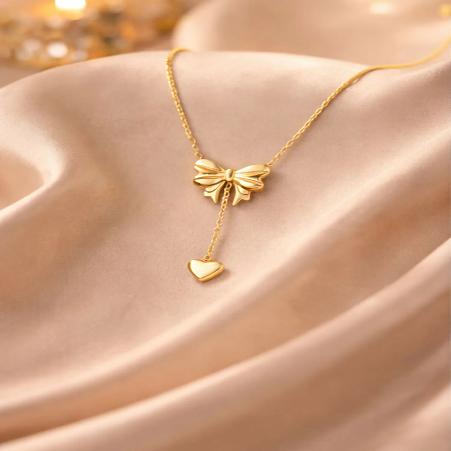 Heart Pendant Necklace for Women Delicate Chain with Bow & Heart Charm - Image 3