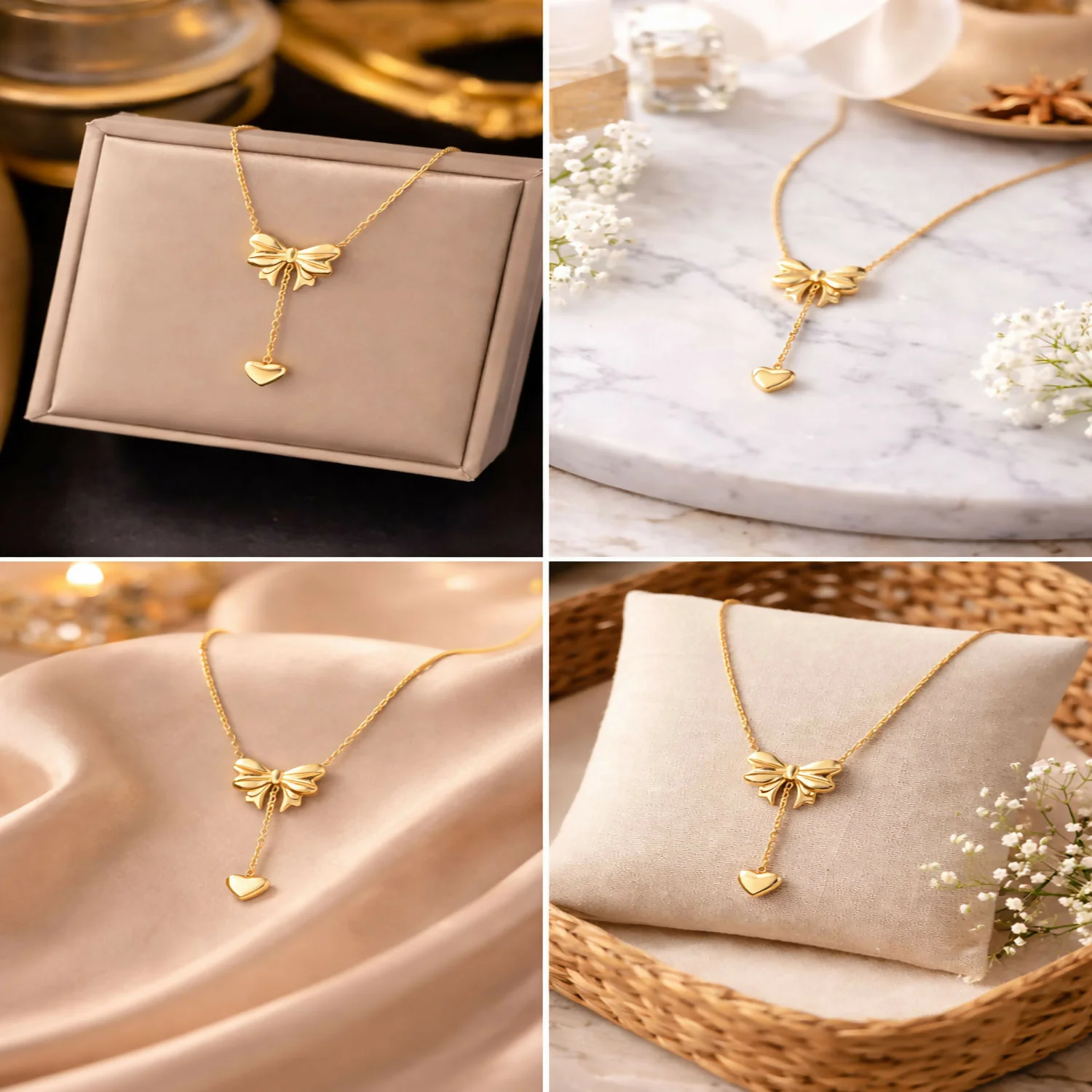 Heart Pendant Necklace for Women Delicate Chain with Bow & Heart Charm - Image 6