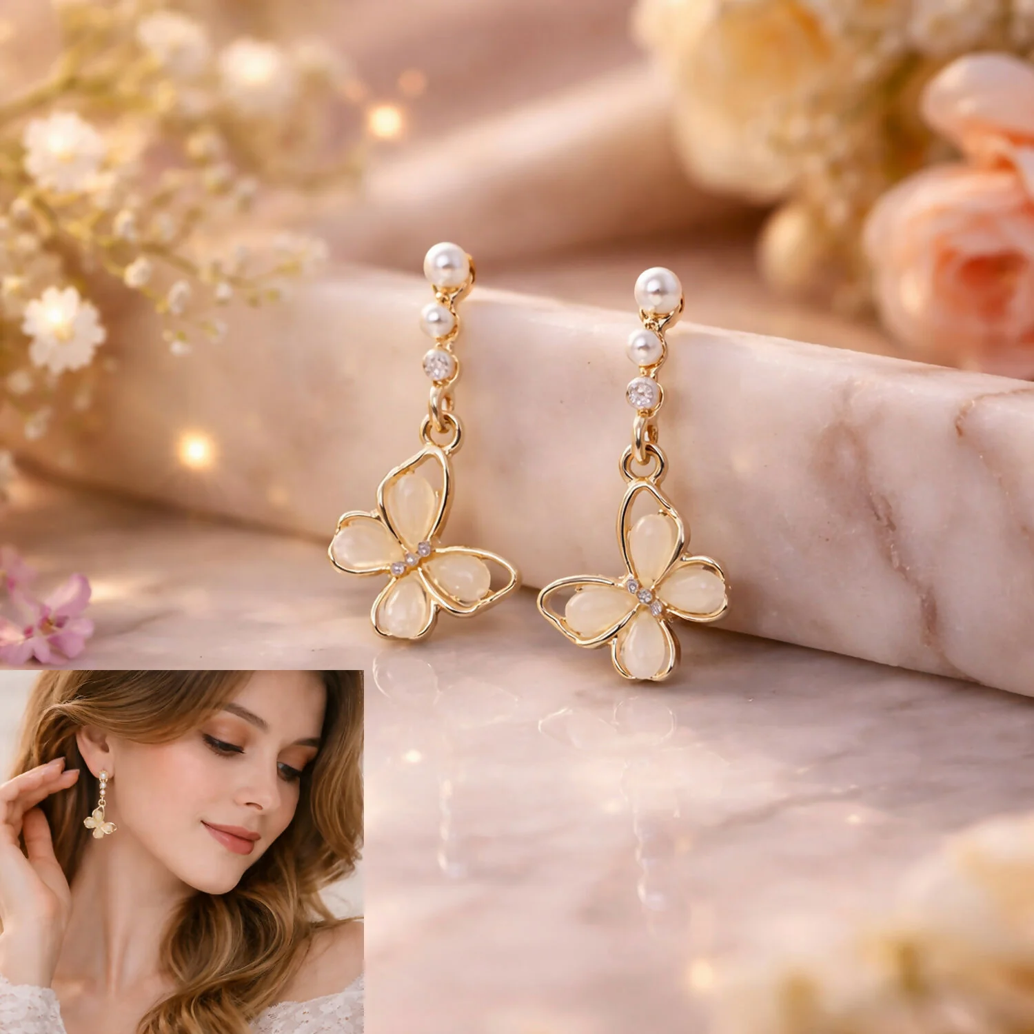 Elegant Gold Butterfly Pearl Drop Earrings with Floral Design for Women - Image 3