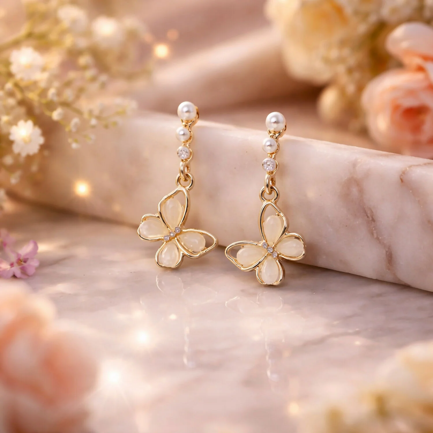 Elegant Gold Butterfly Pearl Drop Earrings with Floral Design for Women - Image 4
