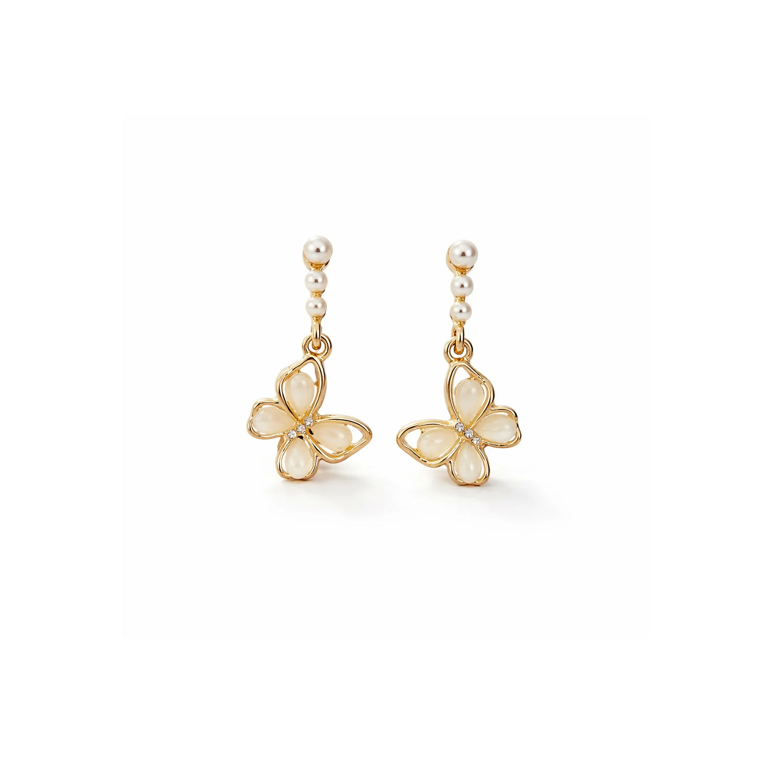 Elegant Gold Butterfly Pearl Drop Earrings with Floral Design for Women - Image 5