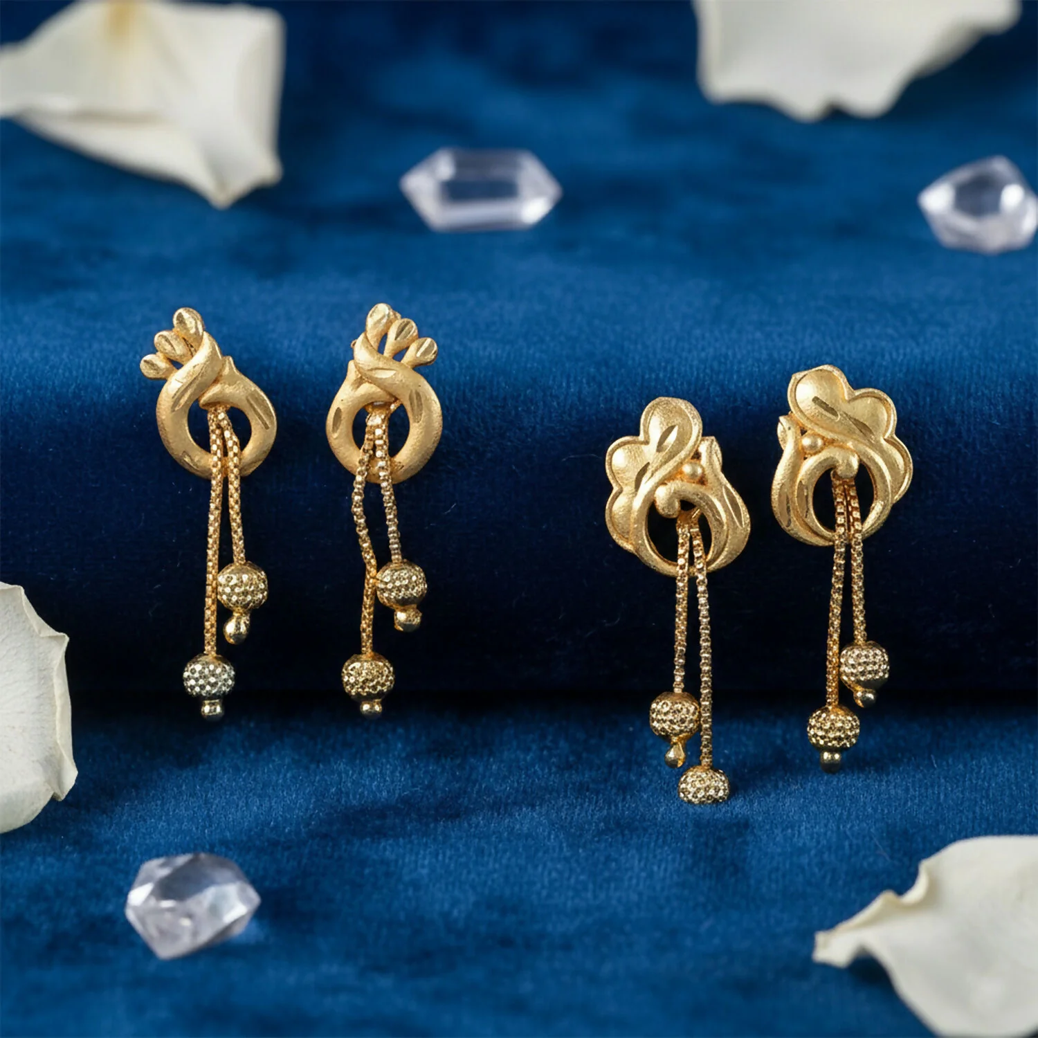 Elegant Gold Dangle Earrings Combo Set with Floral and Heart Inspired Studs (2 Pair) - Image 3