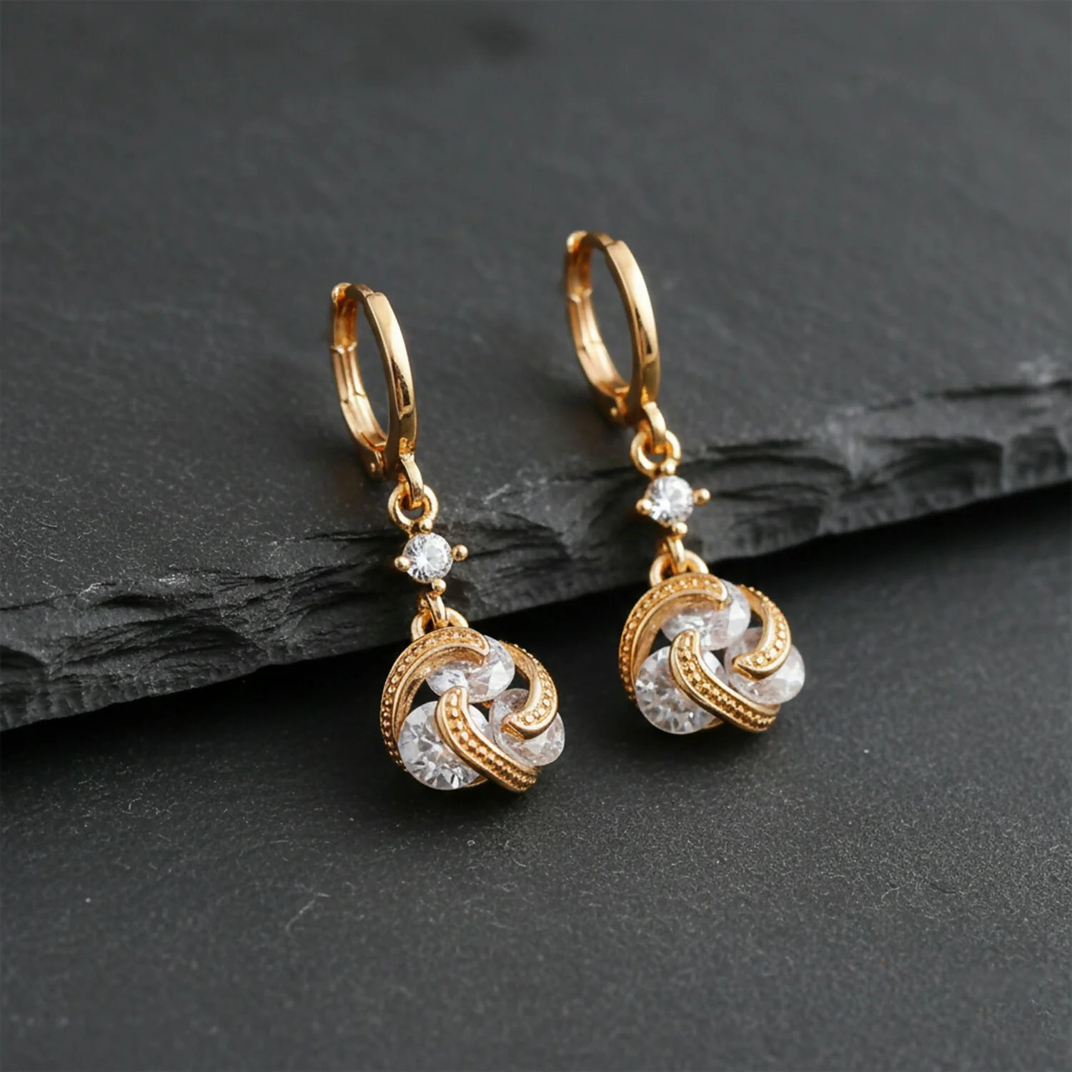 Gold Finish Twisted Stone Drop Hoop Earrings for Women and Girls - Image 2