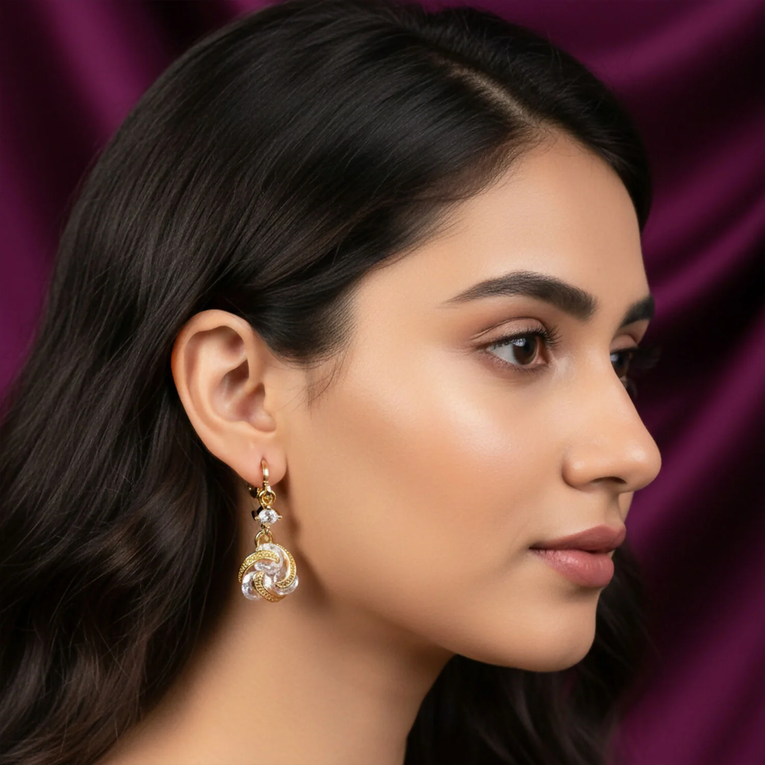 Gold Finish Twisted Stone Drop Hoop Earrings for Women and Girls - Image 3