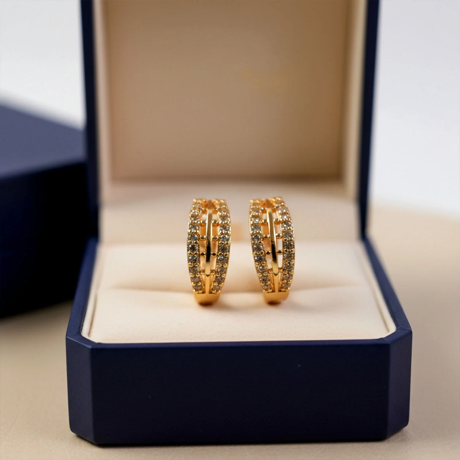 Elegant Gold Finish Double Line Stone Studded Hoop Earrings for Women - Image 2