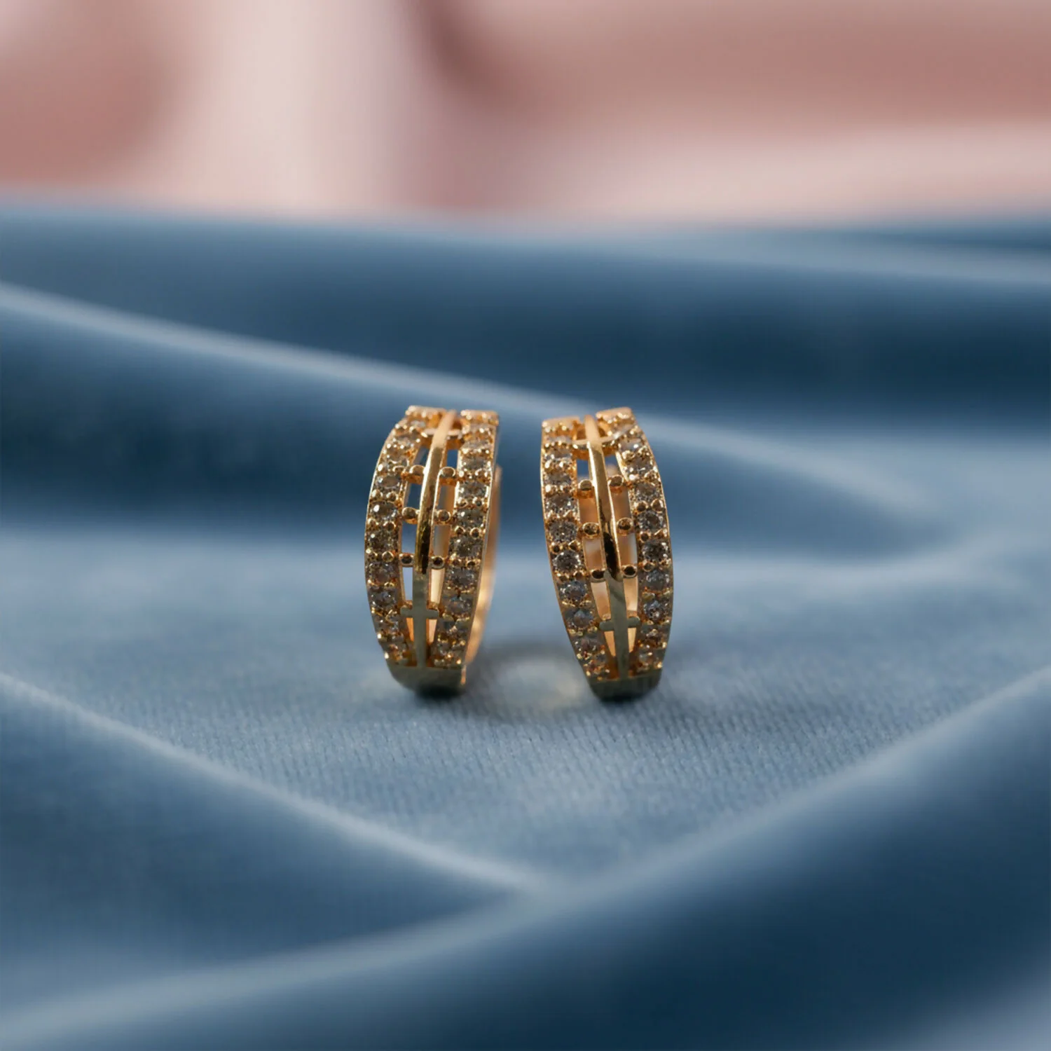 Elegant Gold Finish Double Line Stone Studded Hoop Earrings for Women - Image 3