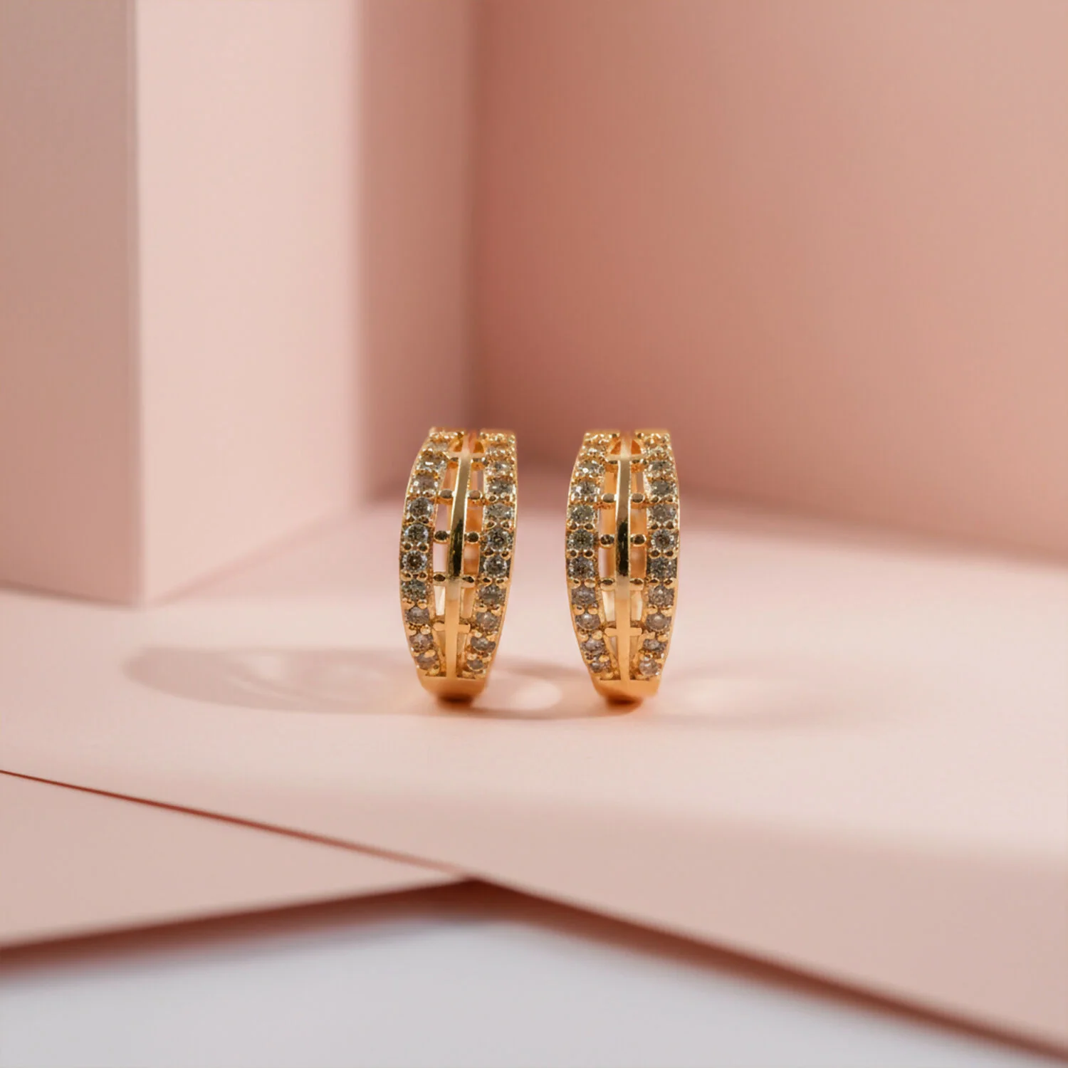 Elegant Gold Finish Double Line Stone Studded Hoop Earrings for Women - Image 4