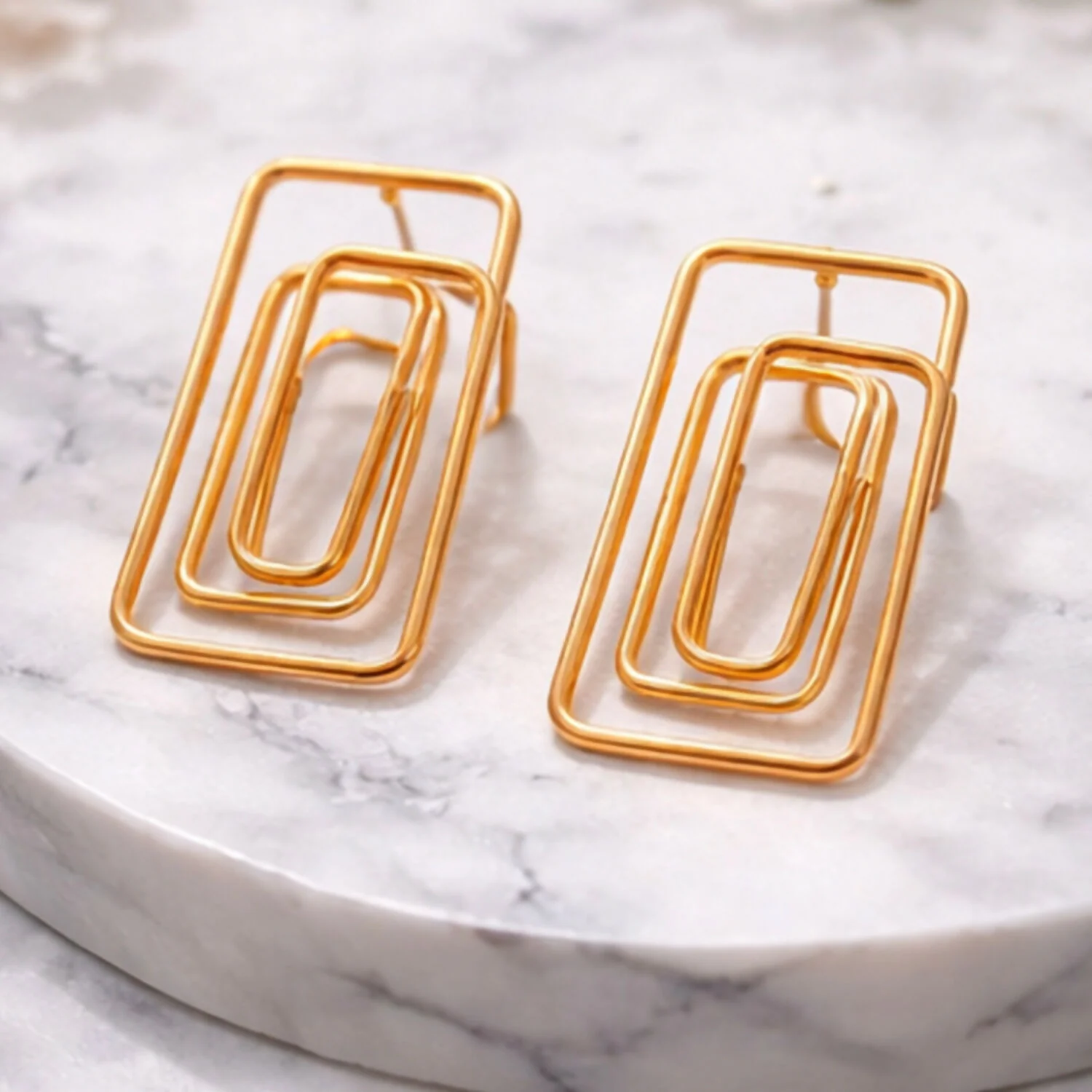 Elegant Gold Finish Geometric Rectangle Earrings for Women | Modern Minimalist Drop Earrings | Lightweight Fashion Jewelry - Image 2