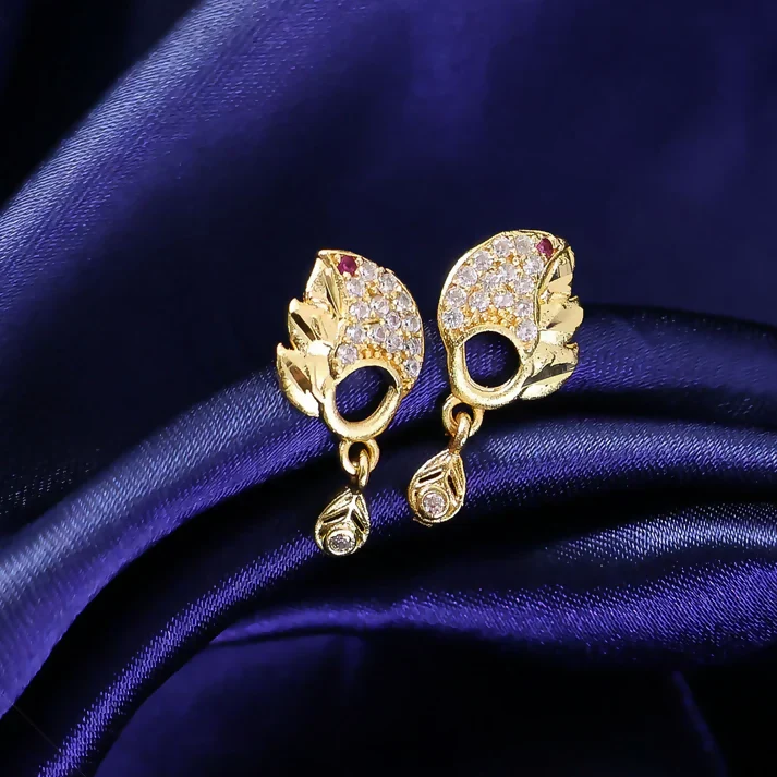Elegant Gold Finish Leaf Pattern Stud Earrings With Sparkling Stone Drop Design - Image 2
