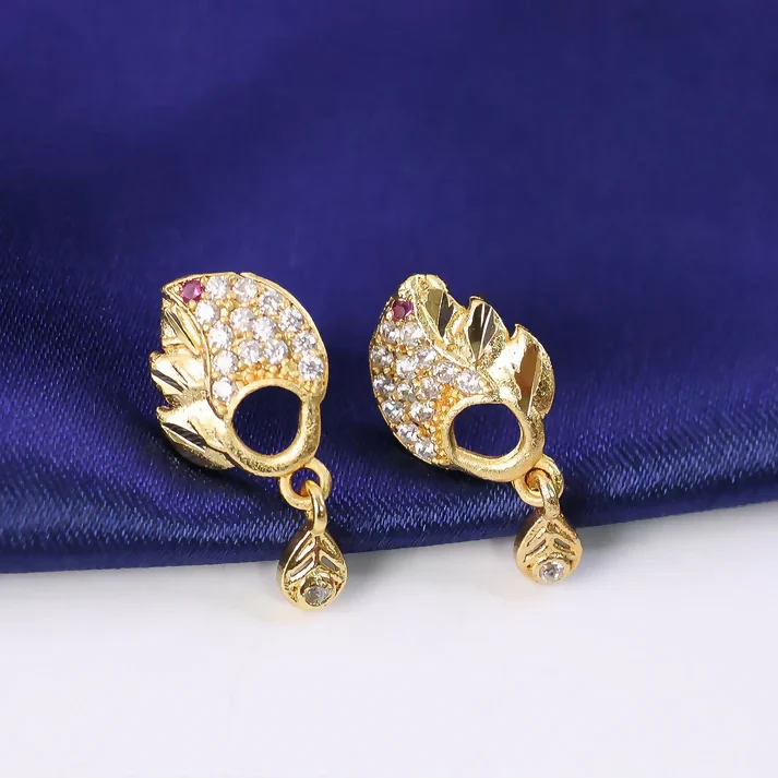 Elegant Gold Finish Leaf Pattern Stud Earrings With Sparkling Stone Drop Design - Image 3