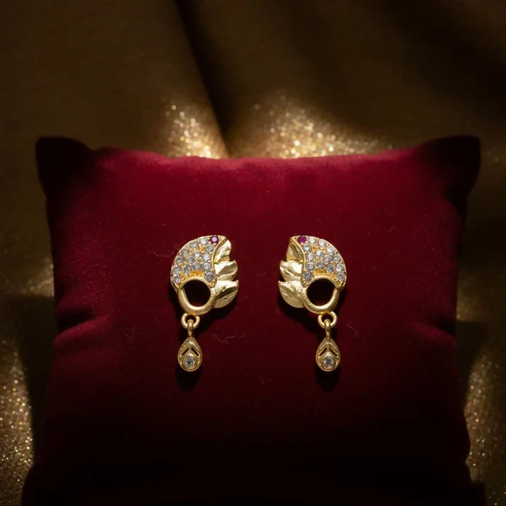 Elegant Gold Finish Leaf Pattern Stud Earrings With Sparkling Stone Drop Design - Image 4