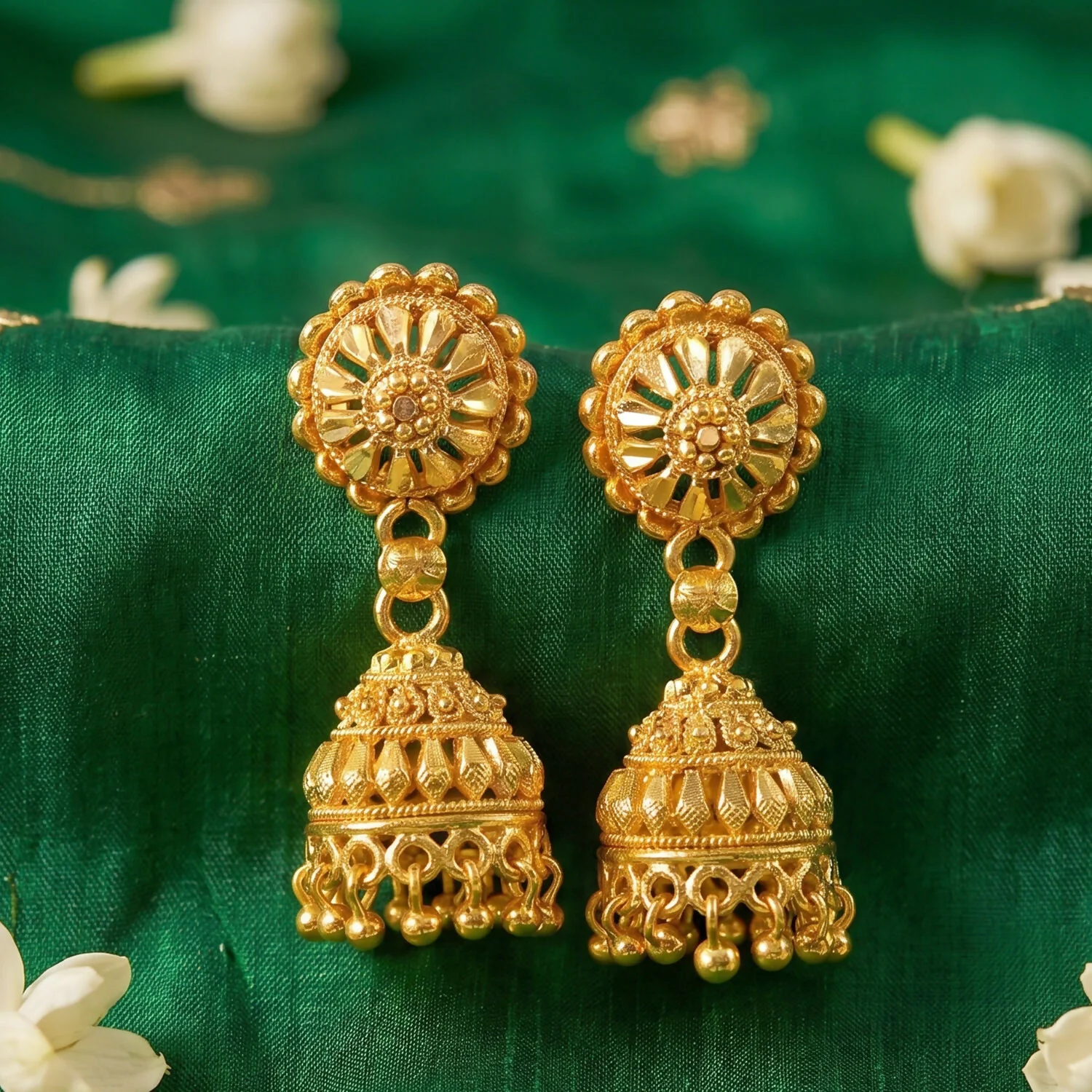 Elegant Gold Jhumka Earrings with Intricate Detailing and Pearls for Bridal Wear - Image 2
