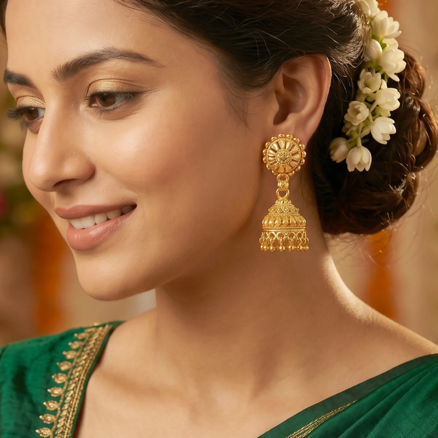 Elegant Gold Jhumka Earrings with Intricate Detailing and Pearls for Bridal Wear - Image 5