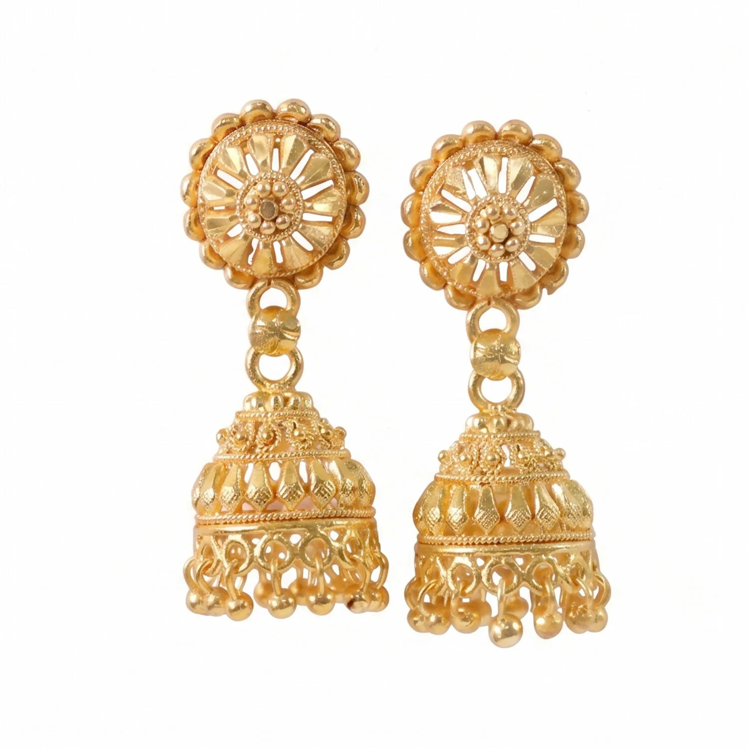 Elegant Gold Jhumka Earrings with Intricate Detailing and Pearls for Bridal Wear - Image 6
