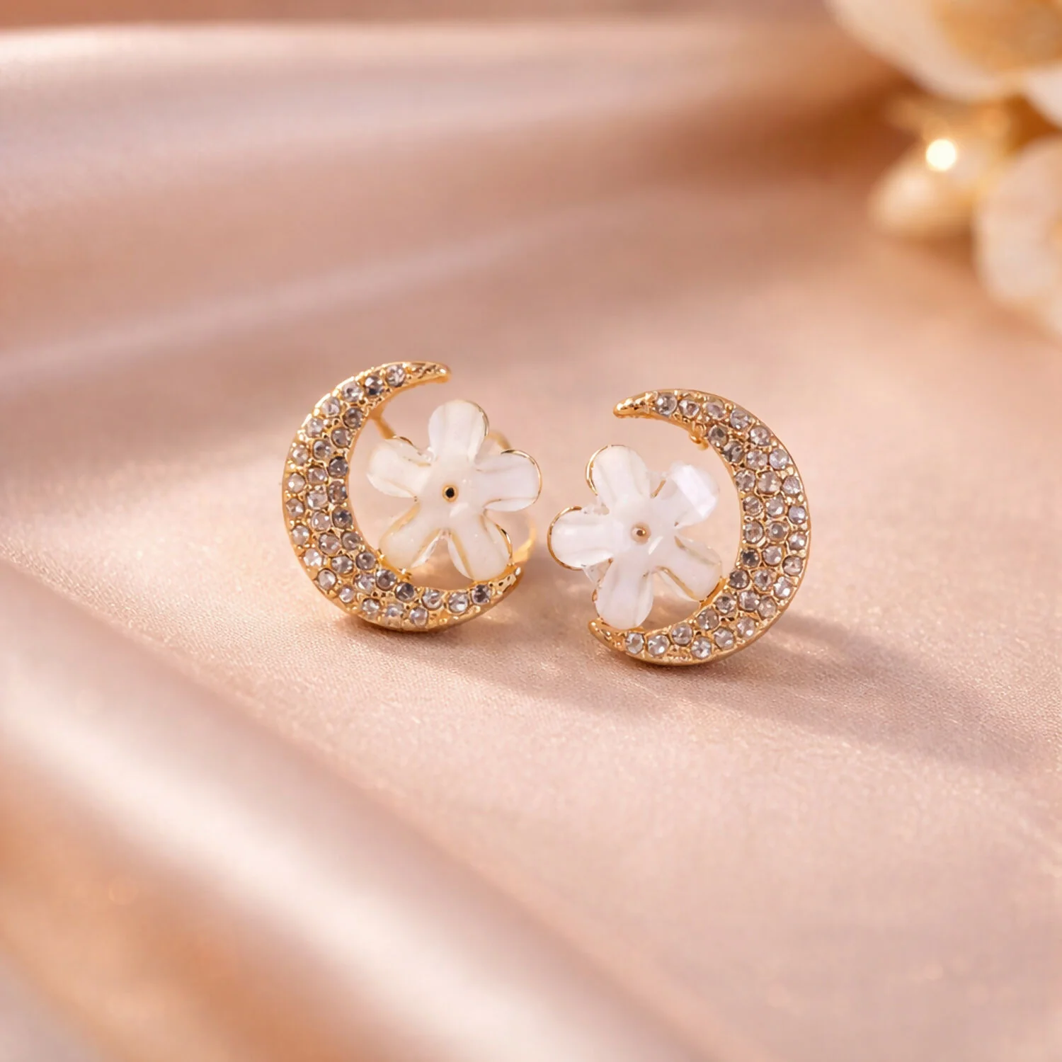 Elegant Gold Moon & Flower Design Crystal Stud Earrings for Women - Image 2