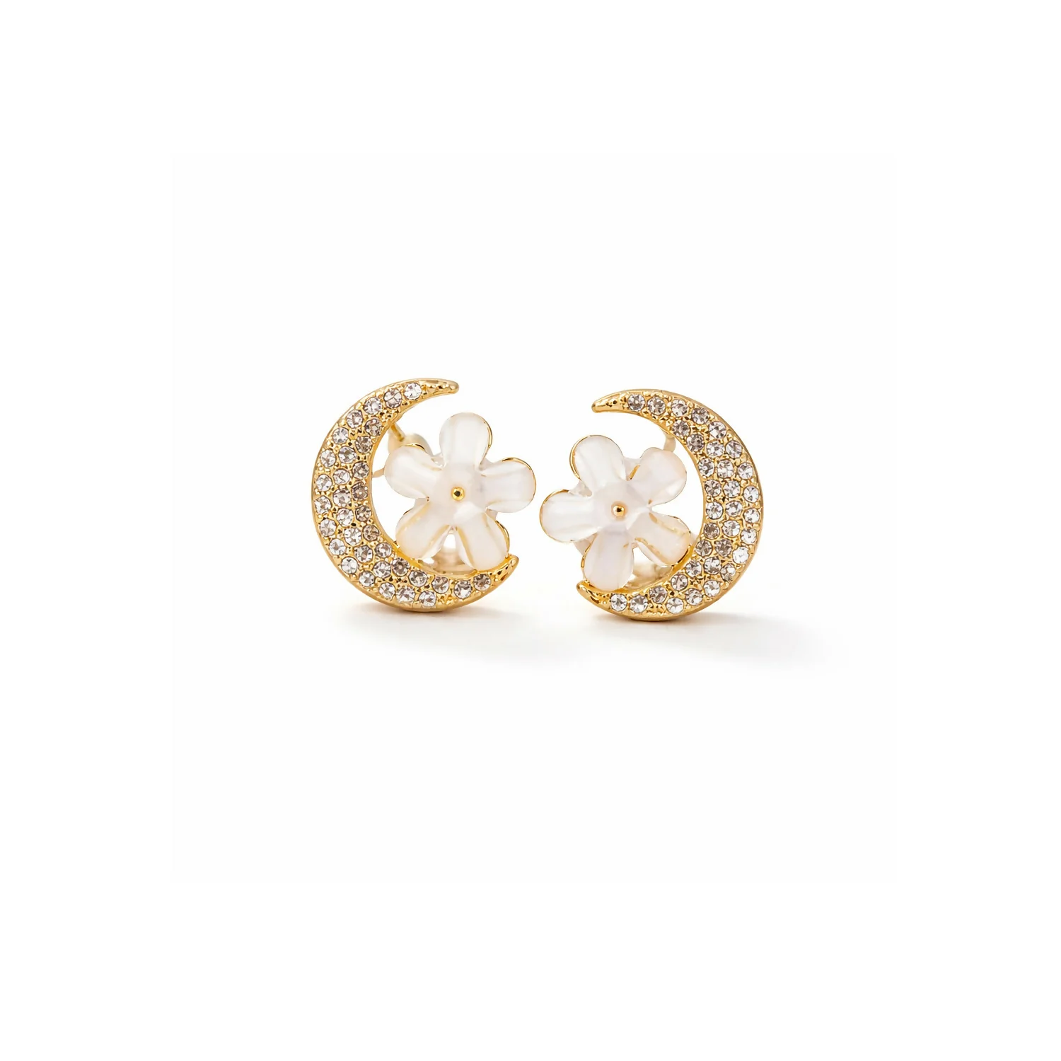 Elegant Gold Moon & Flower Design Crystal Stud Earrings for Women - Image 3