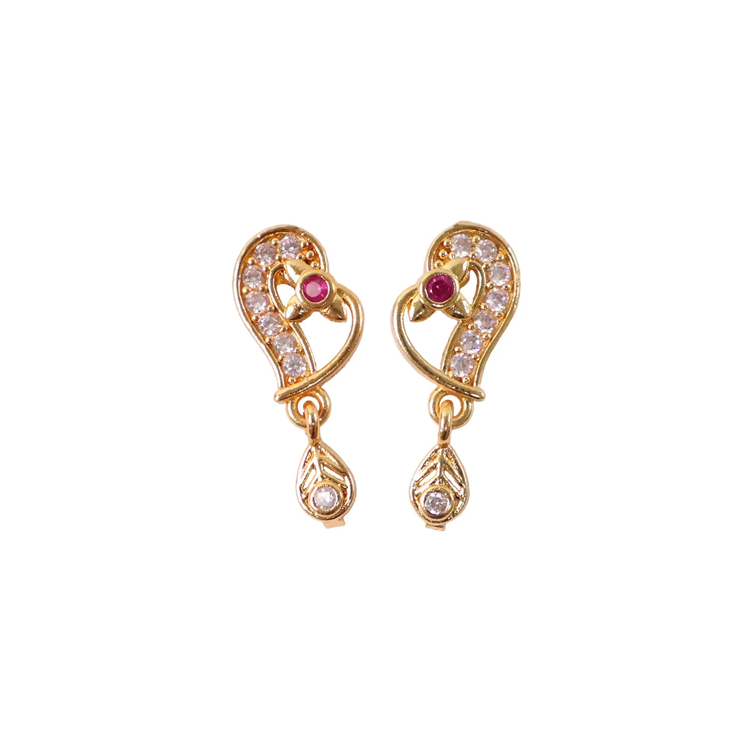 Elegant Gold Paisley Drop Earrings with Ruby Accent - Image 5