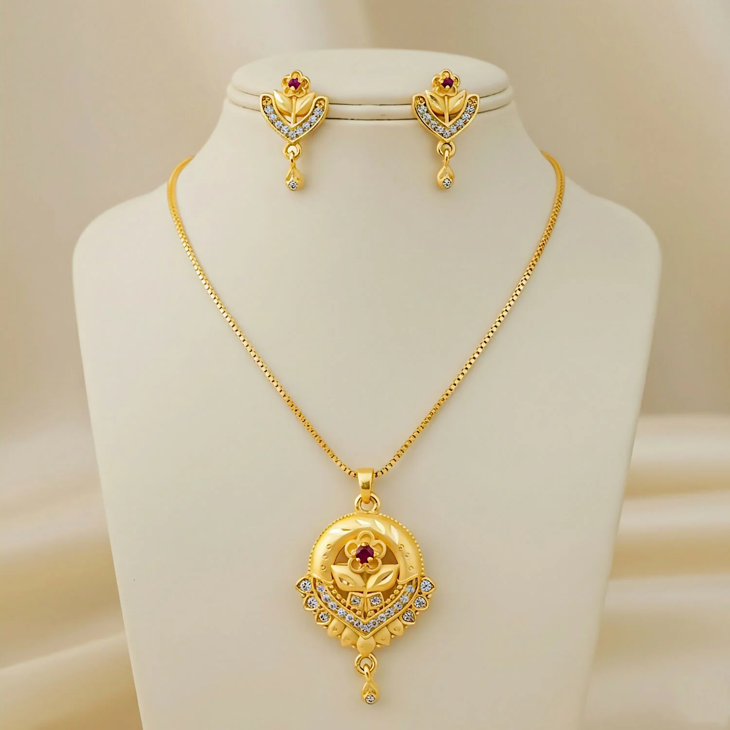 Elegant Gold-Plated Floral Bloom Jewelry Set: Pendant, Chain, and Earrings, popular pendant set - Image 2