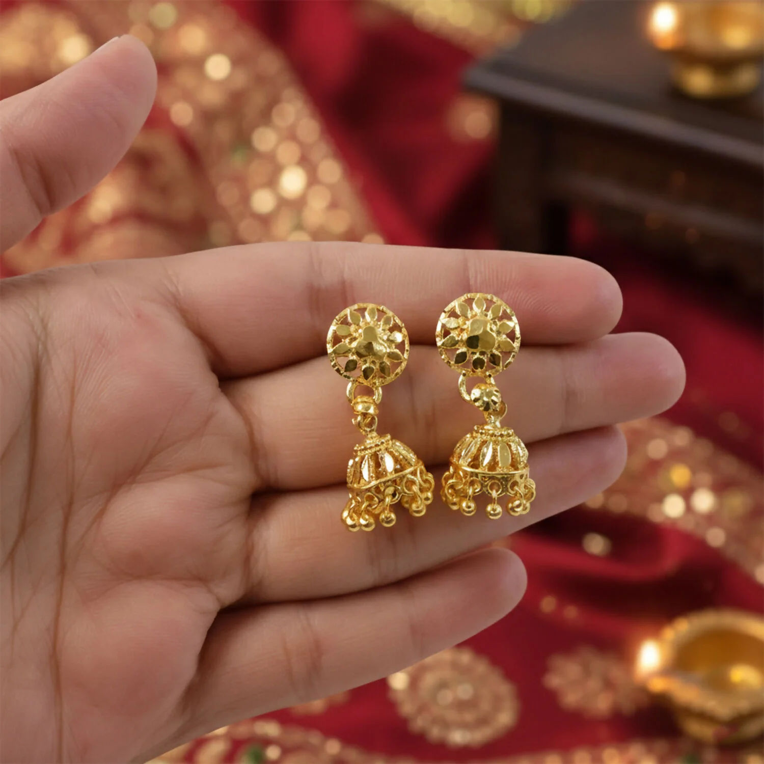Elegant Gold Plated Floral Jhumka Earrings for Women Traditional Festive Wear - Image 3