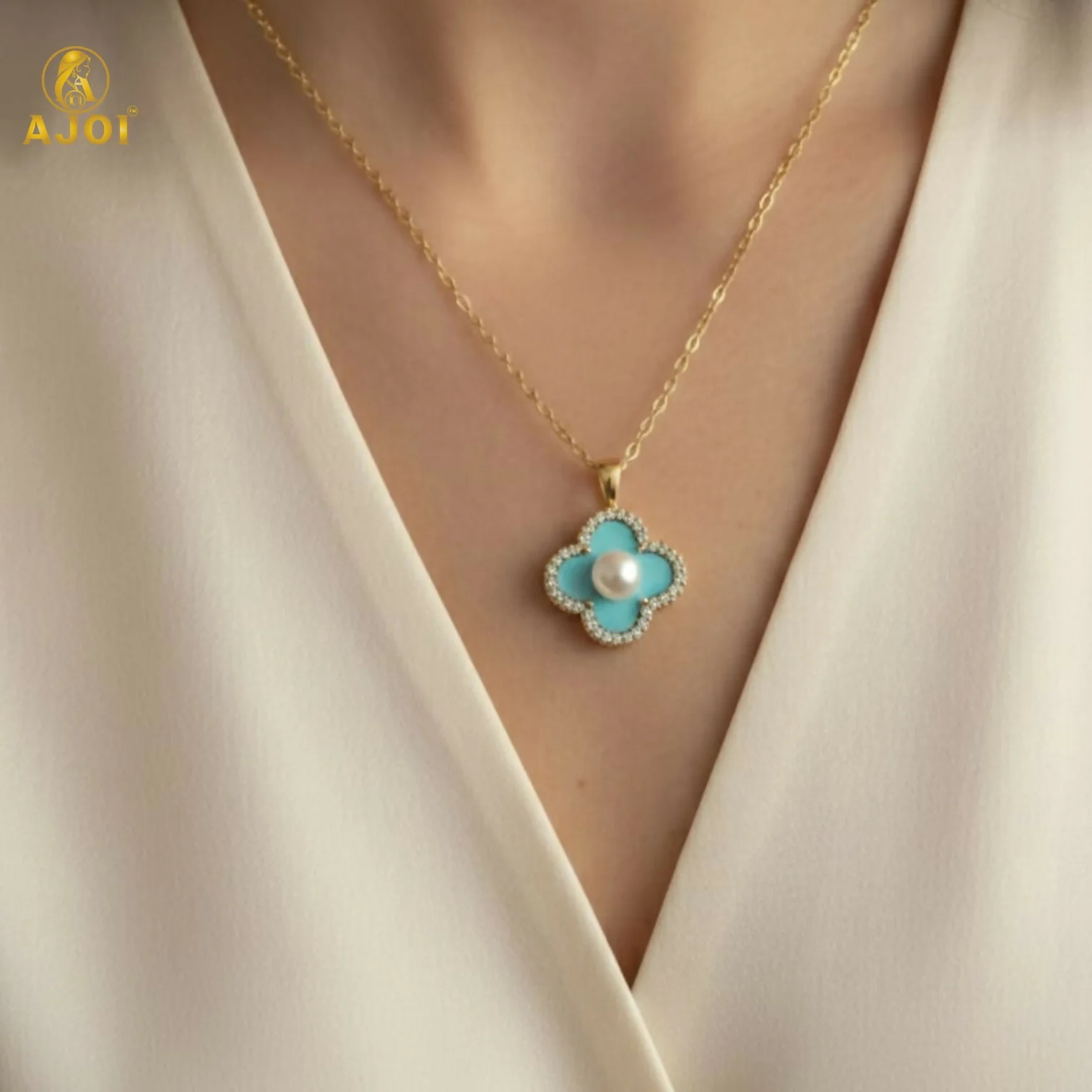 Elegant Gold Plated Floral Pendant Necklace with Pearl & Mint Enamel for Women - Image 2