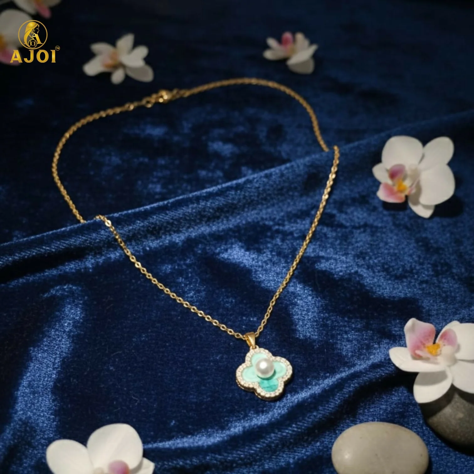 Elegant Gold Plated Floral Pendant Necklace with Pearl & Mint Enamel for Women - Image 3