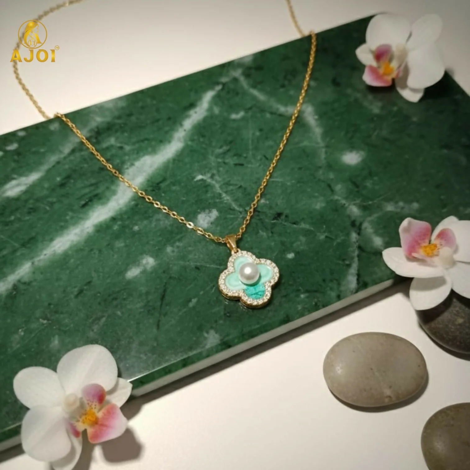 Elegant Gold Plated Floral Pendant Necklace with Pearl & Mint Enamel for Women - Image 4