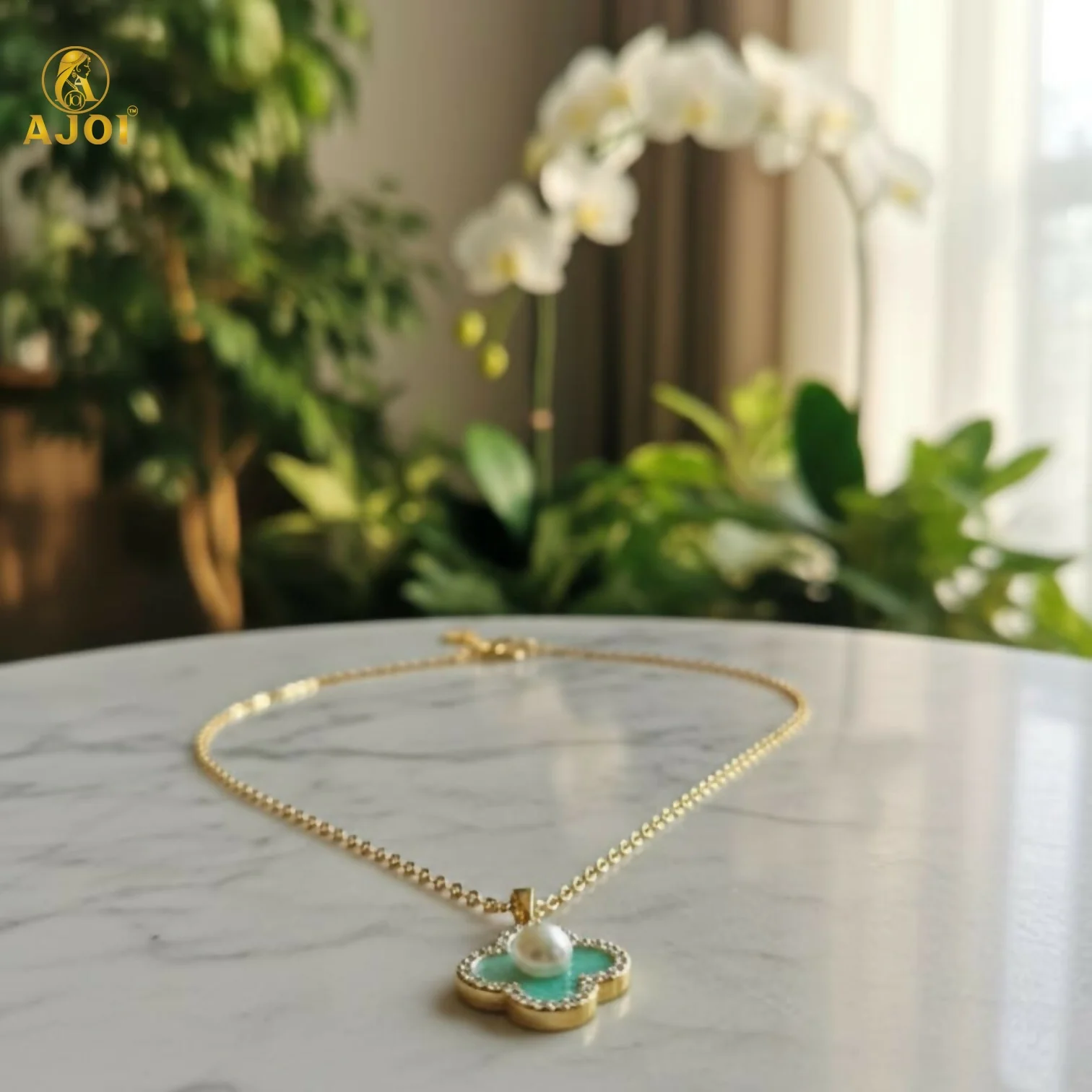 Elegant Gold Plated Floral Pendant Necklace with Pearl & Mint Enamel for Women - Image 5