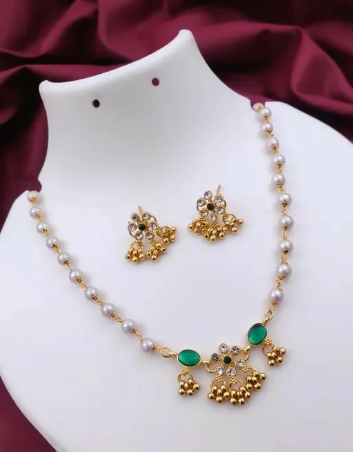Elegant Gold-Plated Green Stone & Pearl Bridal Jewelry Set with Necklace, Earrings - Image 2