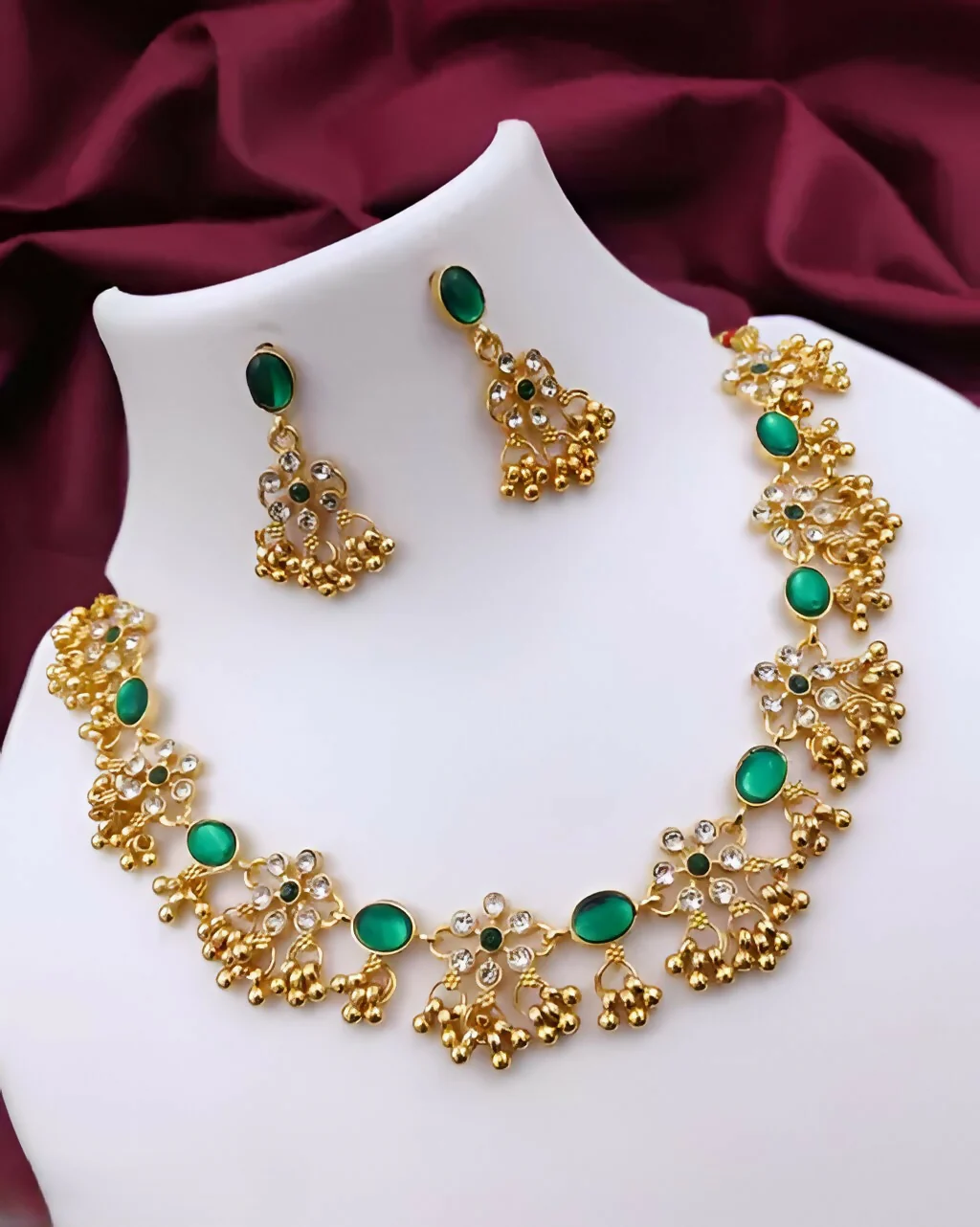 Elegant Gold-Plated Green Stone & Pearl Bridal Jewelry Set with Necklace, Earrings - Image 3