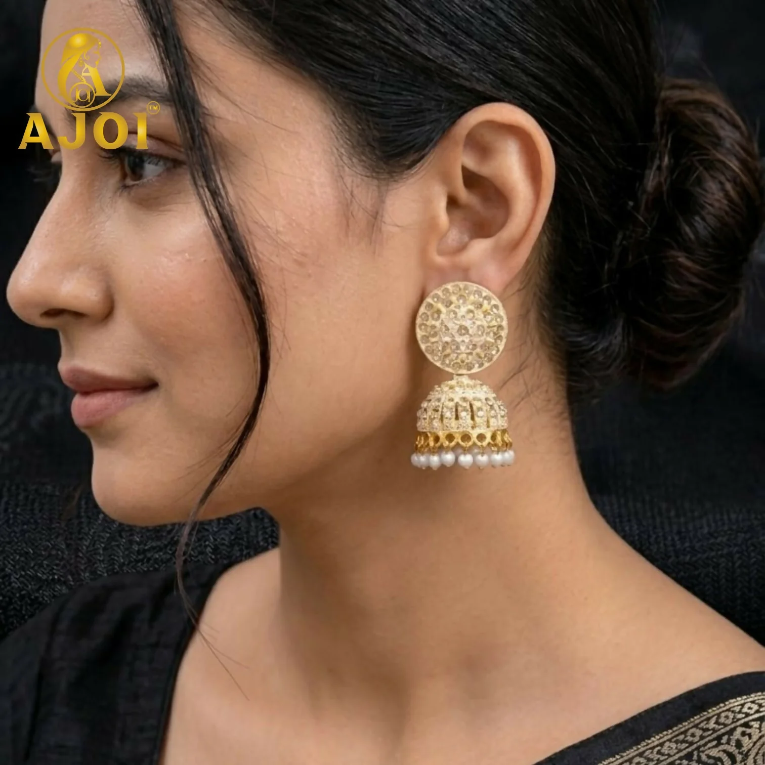 Elegant Gold Plated Kundan Jhumka Earrings with Pearl Drop Design - Image 2