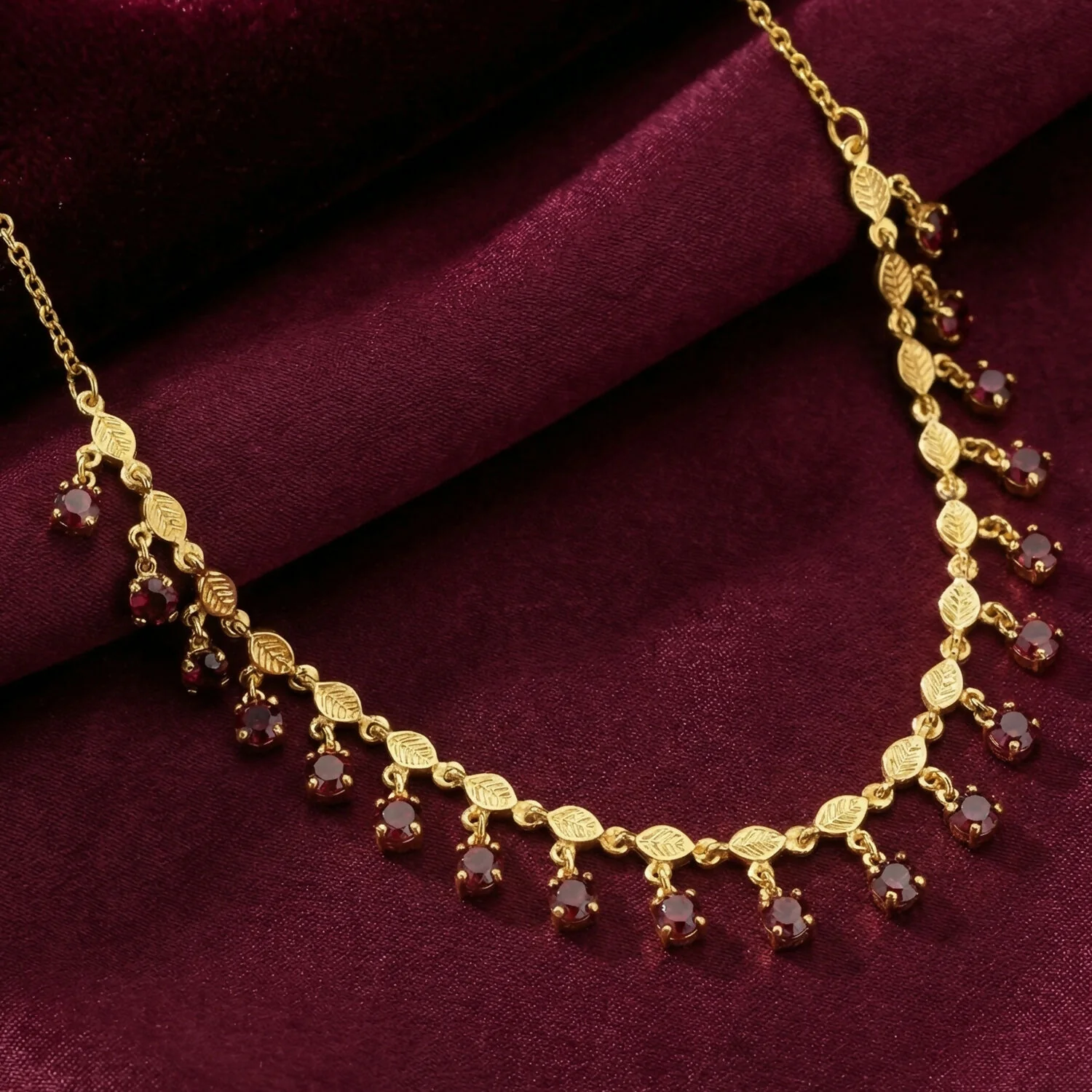 Elegant Gold Plated Leaf Design Necklace with Red Stone Drops for Women - Image 2
