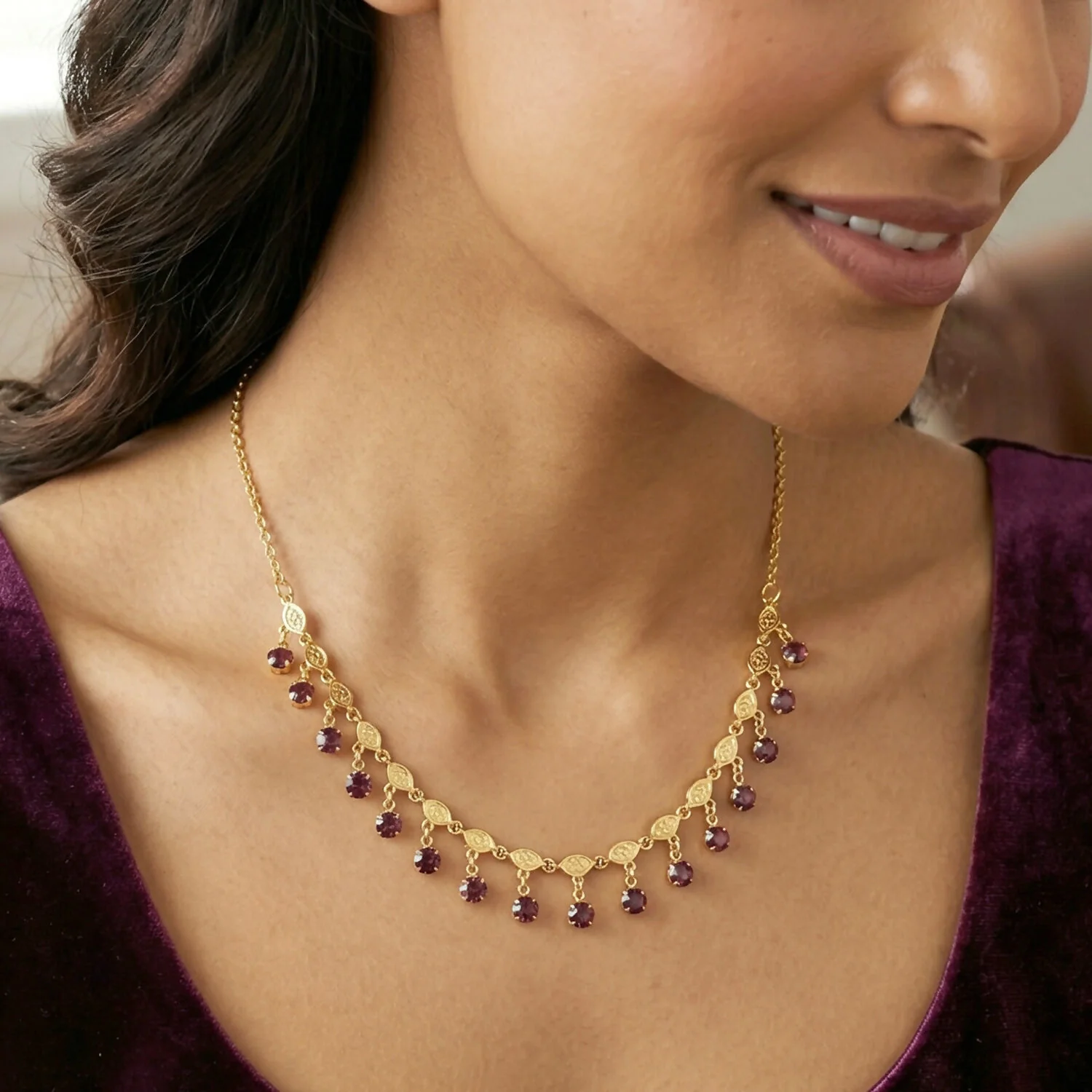Elegant Gold Plated Leaf Design Necklace with Red Stone Drops for Women - Image 3