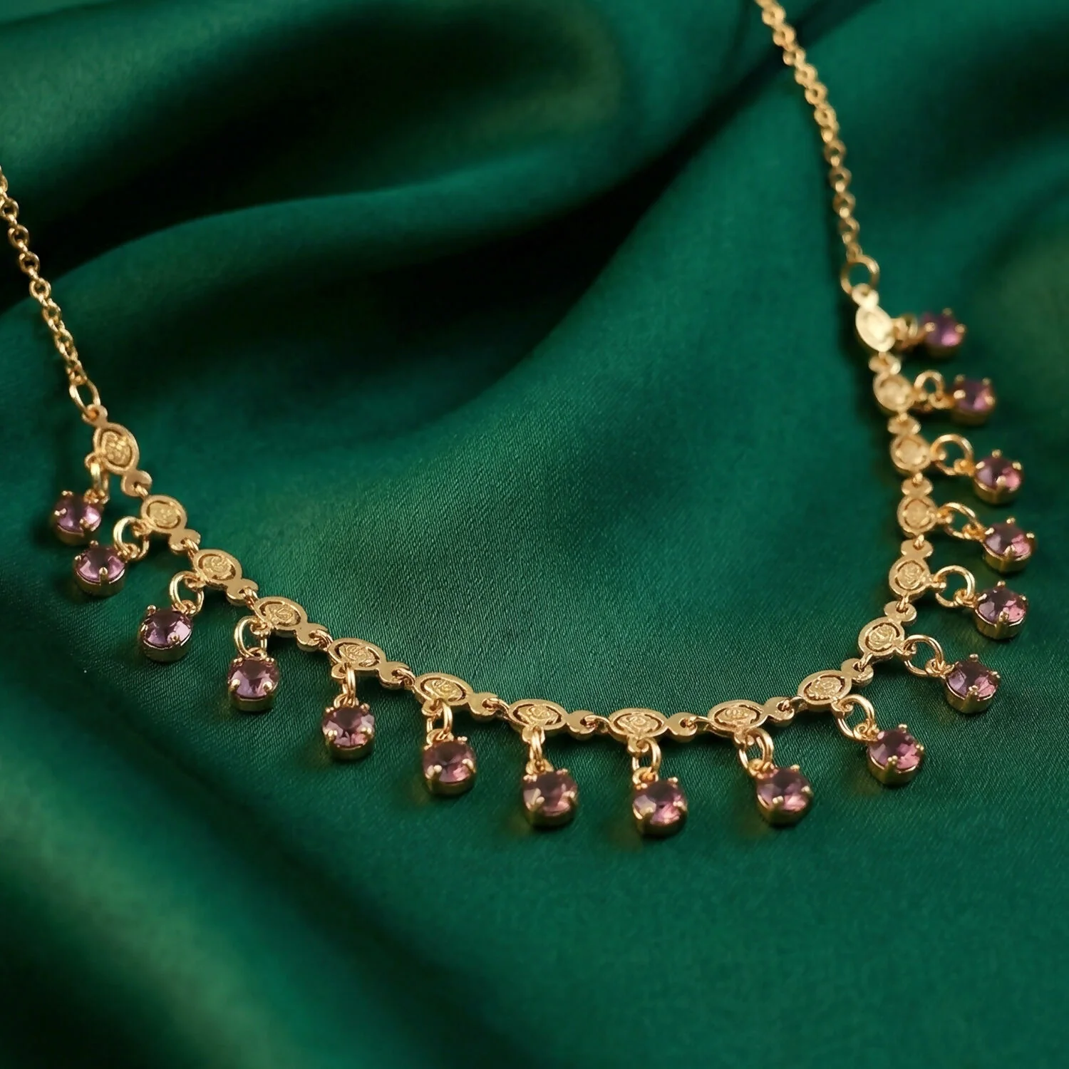 Elegant Gold Plated Leaf Design Necklace with Red Stone Drops for Women - Image 5