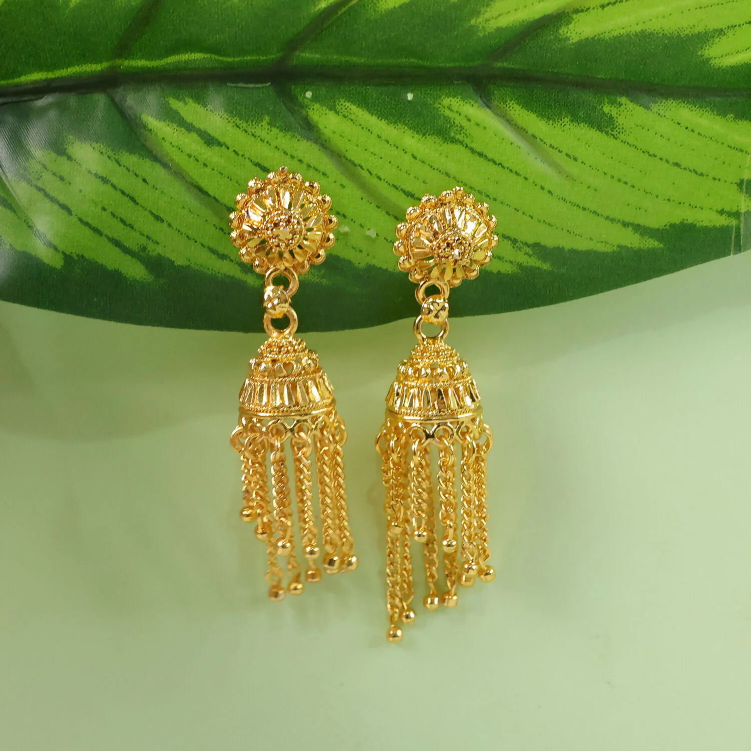 Elegant Gold Plated Long Chain Jhumka Earrings for Women Party Wear Jewelry - Image 3