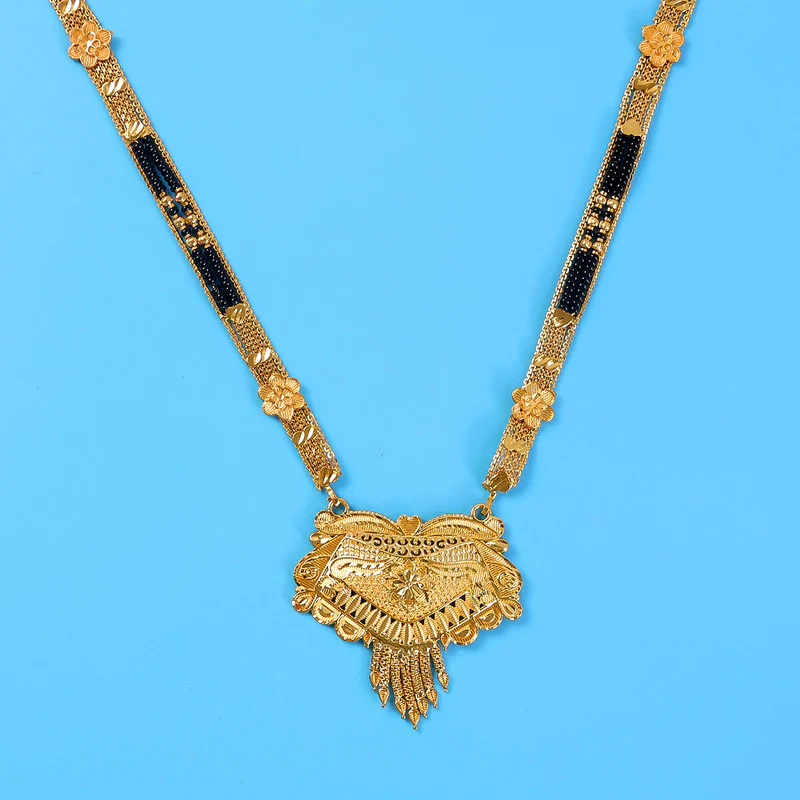 Elegant Gold-Plated Mangalsutra Necklace Set with Traditional Intricate Detailing - Image 3