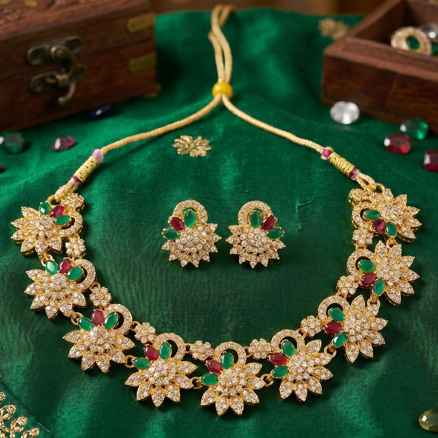 Elegant Gold Plated Necklace & Earrings Set with Green and Red Stones - Image 2