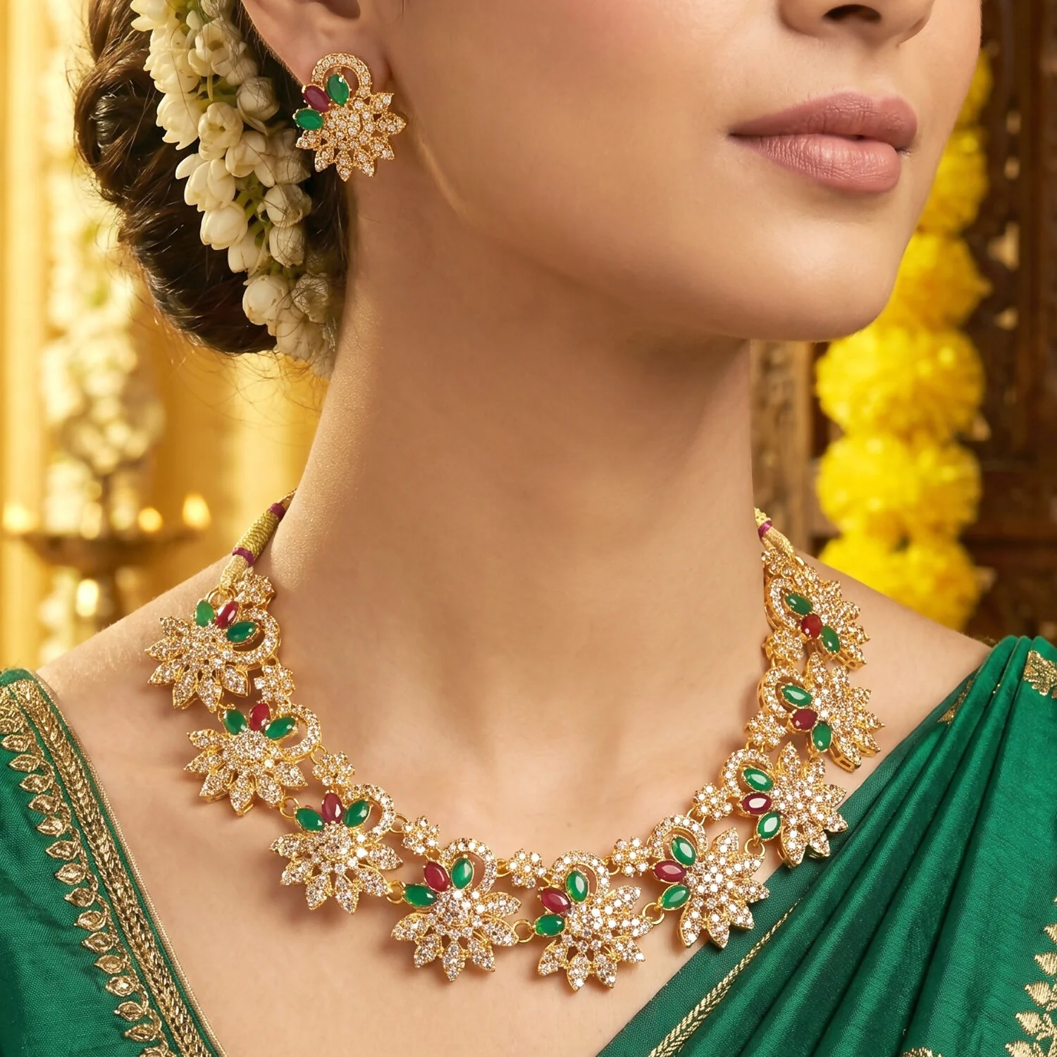 Elegant Gold Plated Necklace & Earrings Set with Green and Red Stones - Image 3