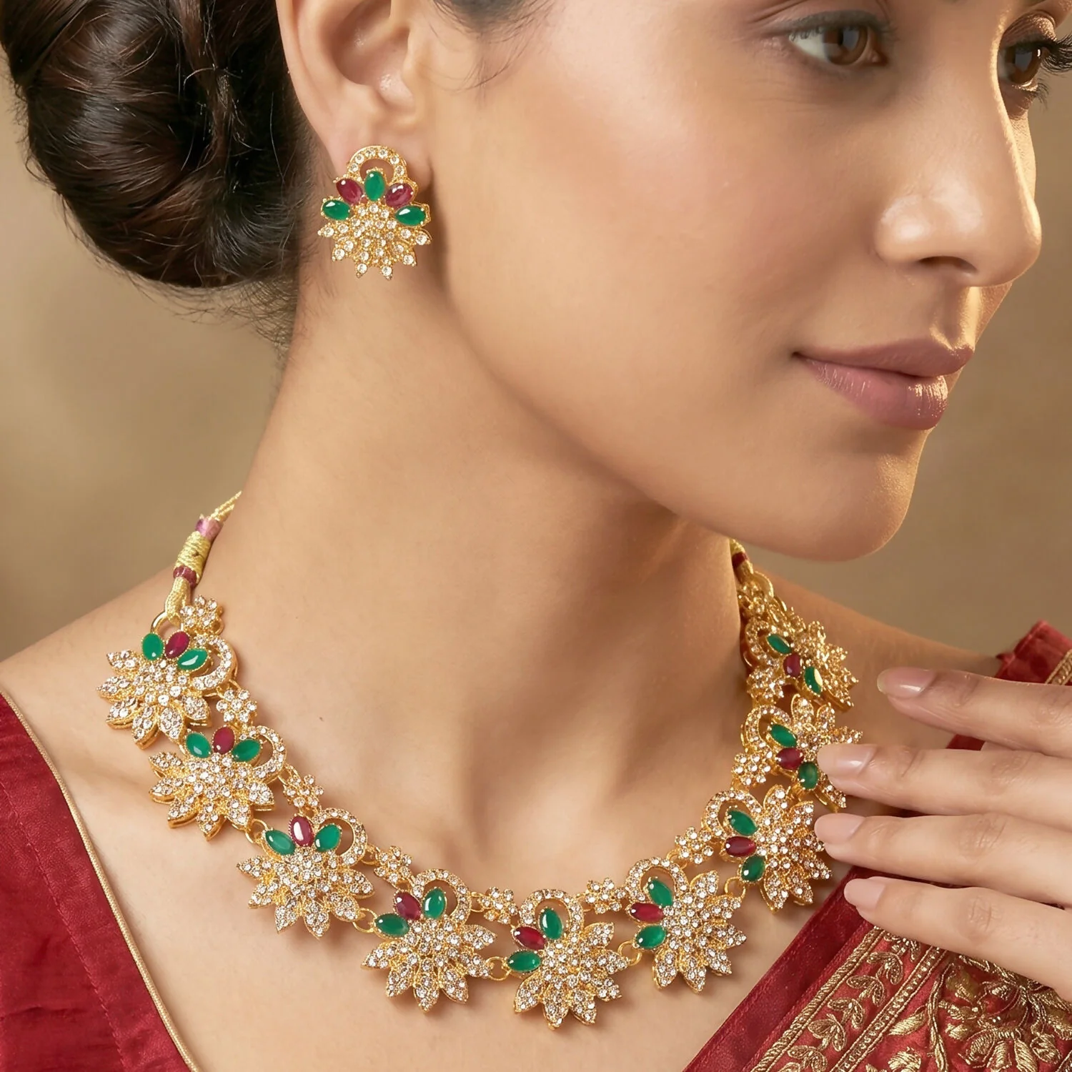 Elegant Gold Plated Necklace & Earrings Set with Green and Red Stones - Image 5