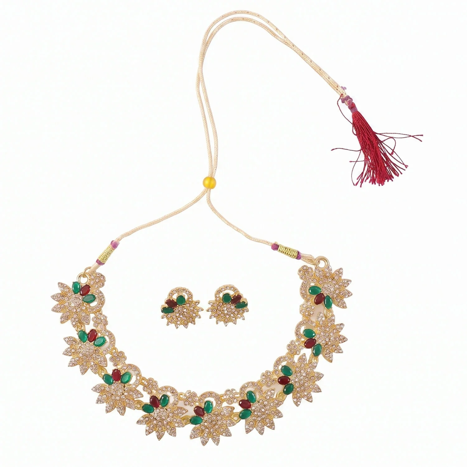 Elegant Gold Plated Necklace & Earrings Set with Green and Red Stones - Image 6