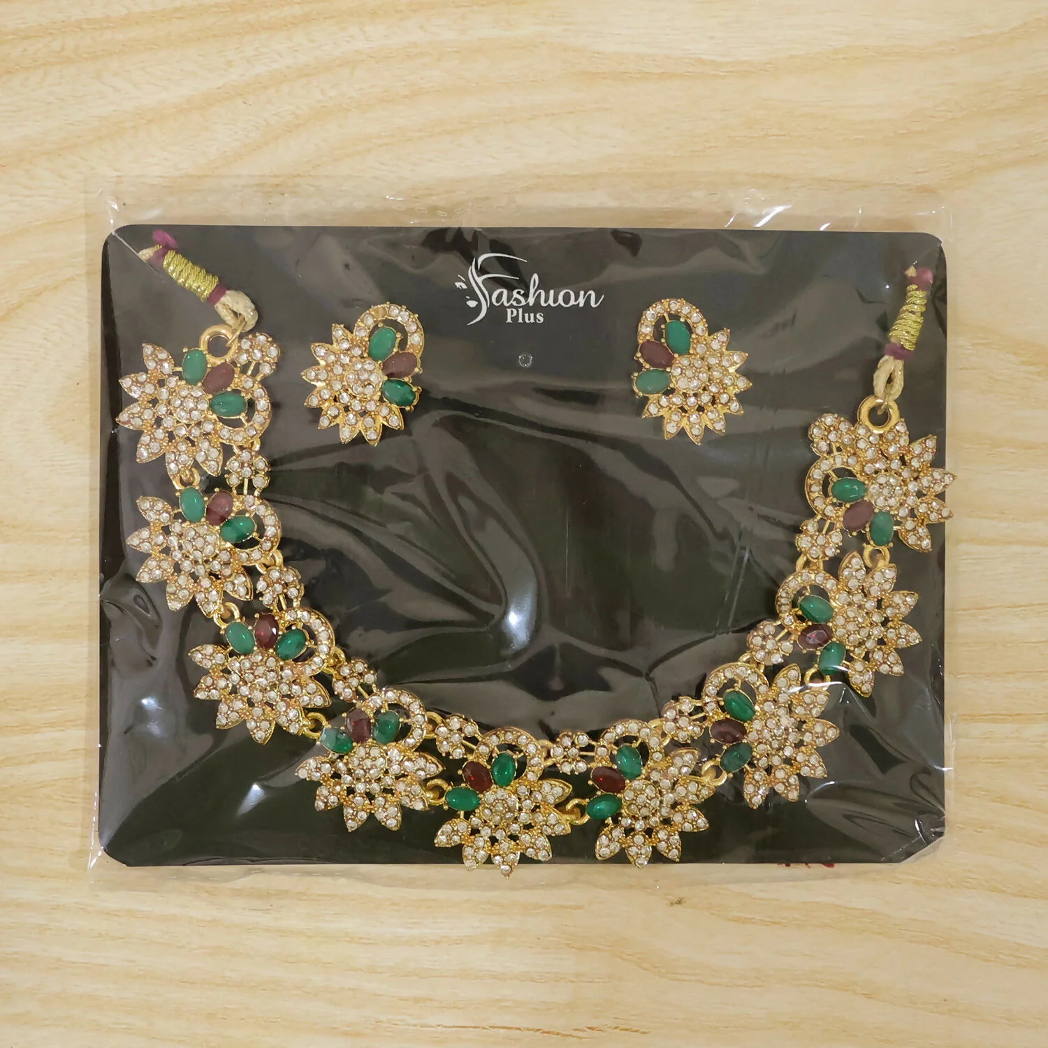 Elegant Gold Plated Necklace & Earrings Set with Green and Red Stones - Image 7