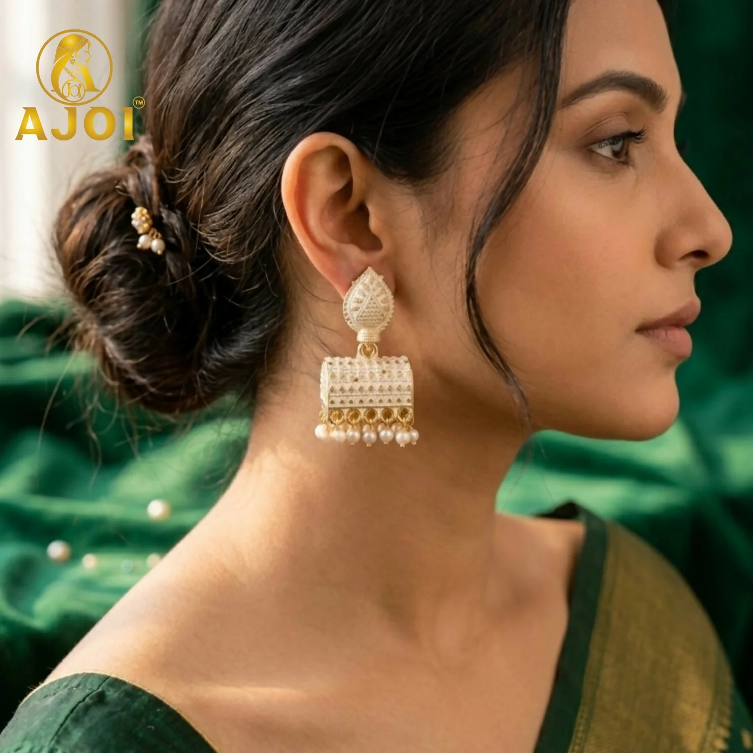 Elegant Gold Plated Pearl Drop Ethnic Earrings with White Design - Image 2