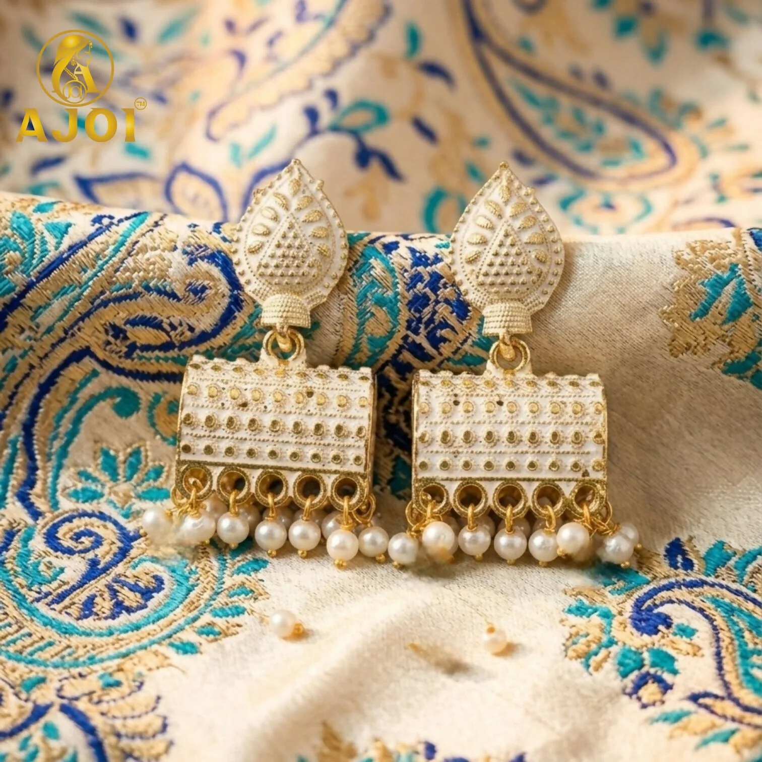 Elegant Gold Plated Pearl Drop Ethnic Earrings with White Design - Image 3