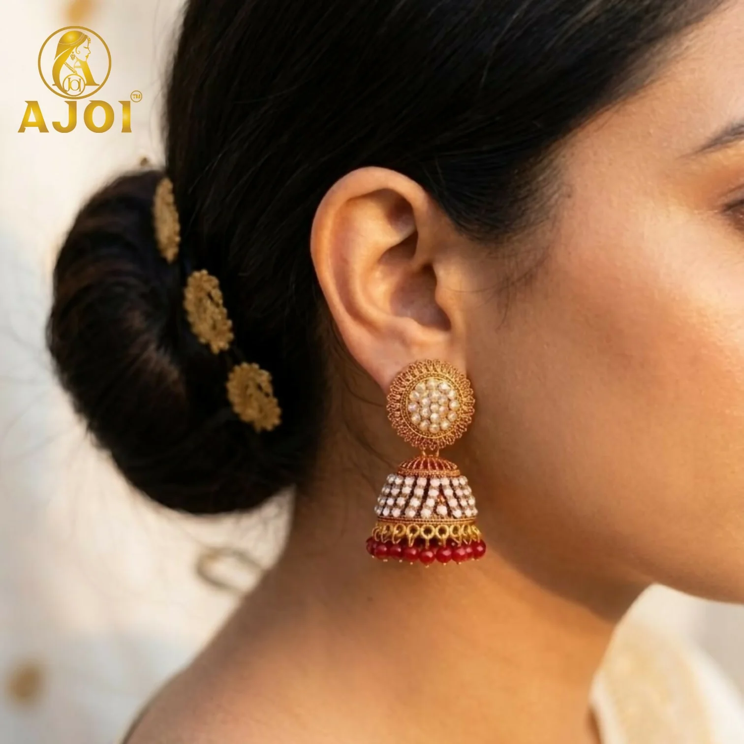 Elegant Gold-Plated Pearl Jhumka Earrings with Red Bead Drops - Image 2