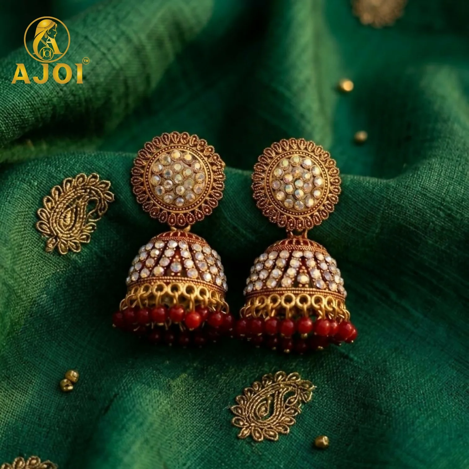 Elegant Gold-Plated Pearl Jhumka Earrings with Red Bead Drops - Image 3